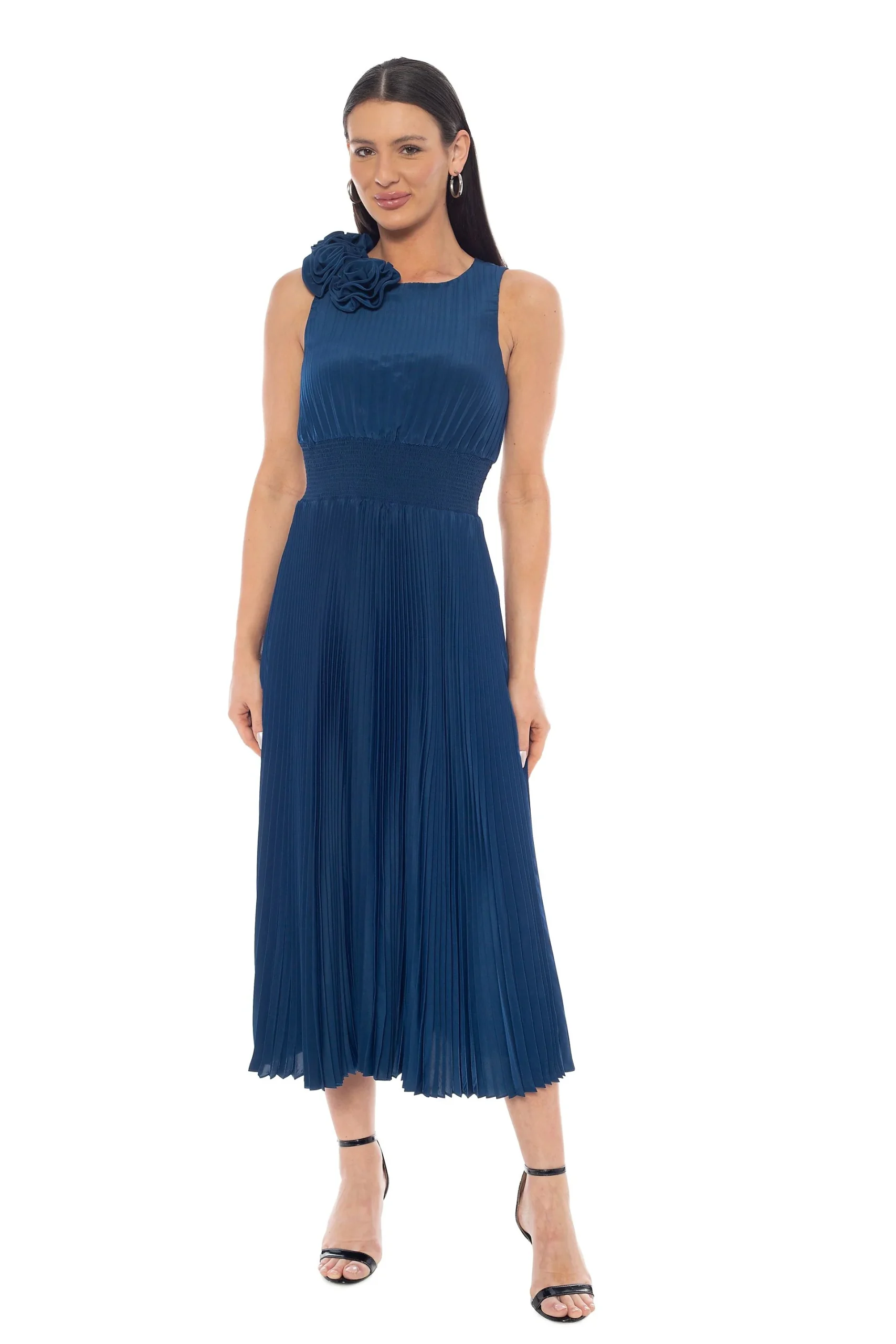 Rosette Pleated Midi Dress