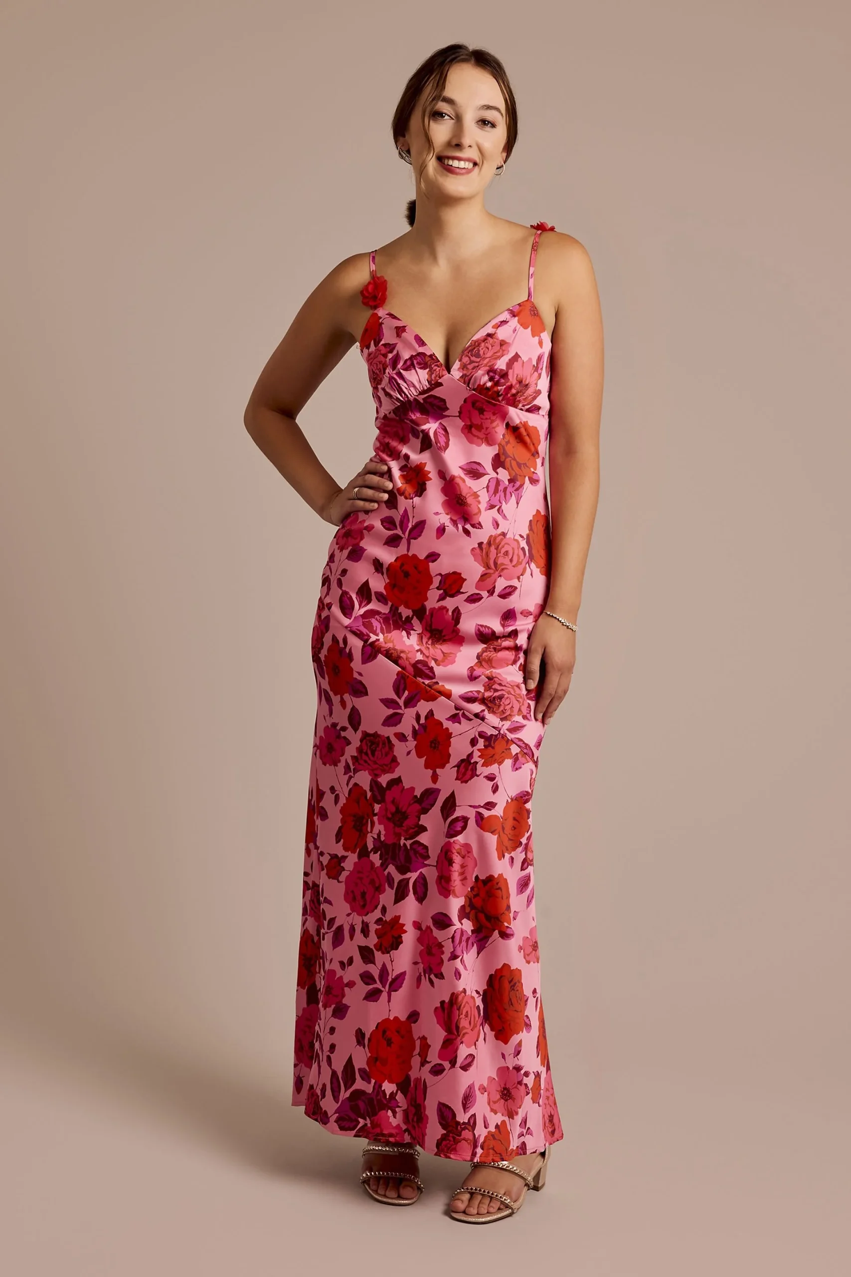 Rosette Strap Floral Print Slip Dress