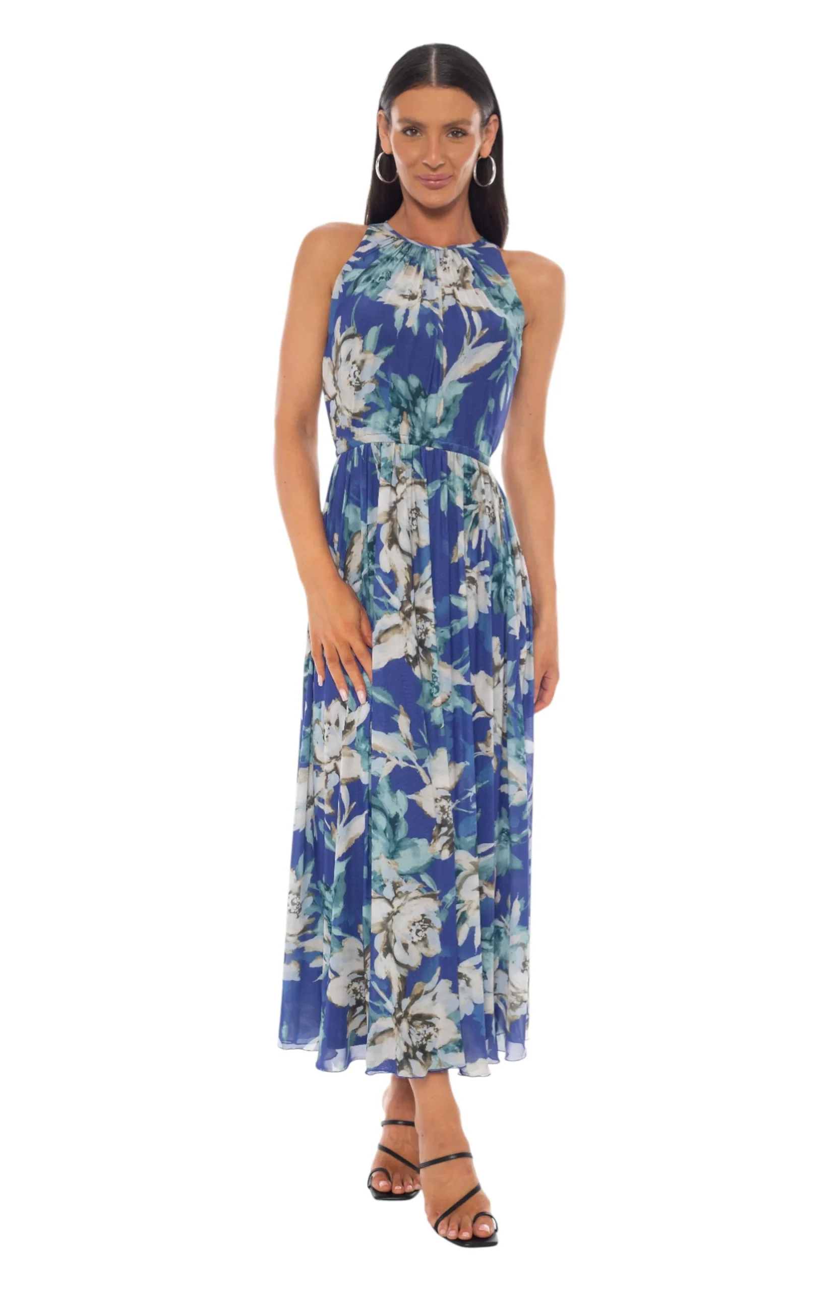 Rouch Neck Halter Printed Mesh Midi Dress