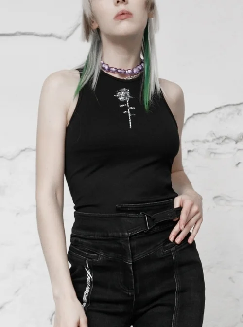 Round Collar Printed Black Punk Tight Vest