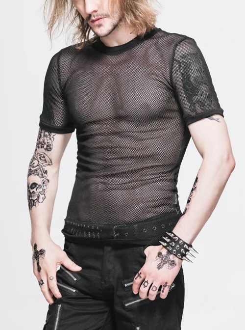 Round Collar Short Sleeve Black Punk Mesh T-Shirt