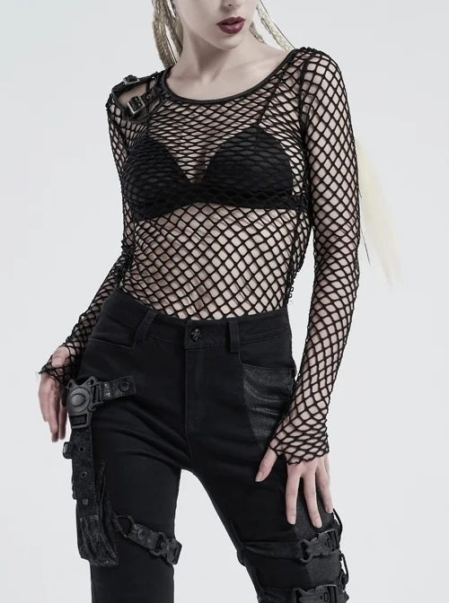 Round Collar Shoulder Hollow-Out Leather Hasp Long Sleeve Black Punk Coarse Mesh T-Shirt