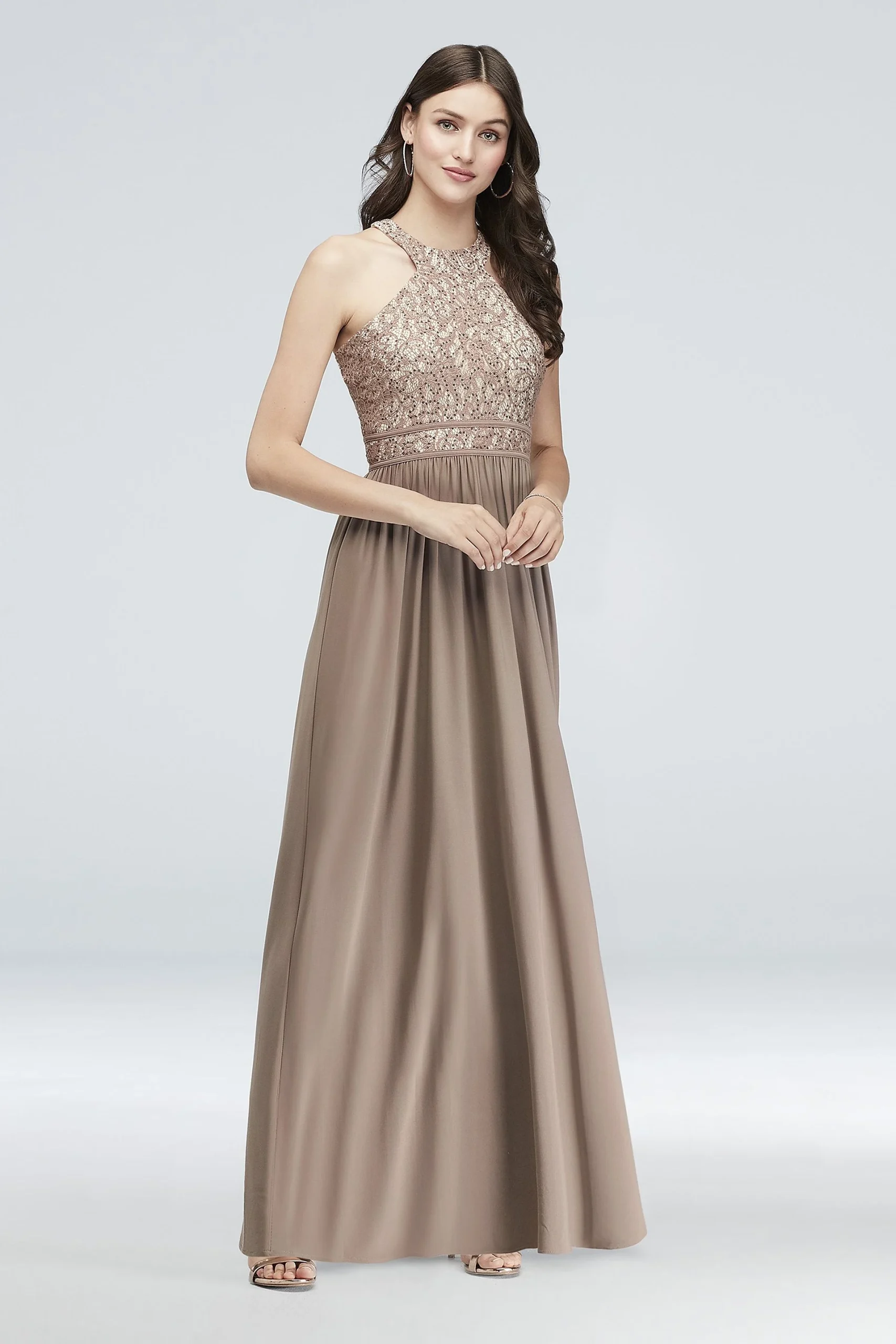 Round-Neck Lace and Jersey Halter A-Line Gown