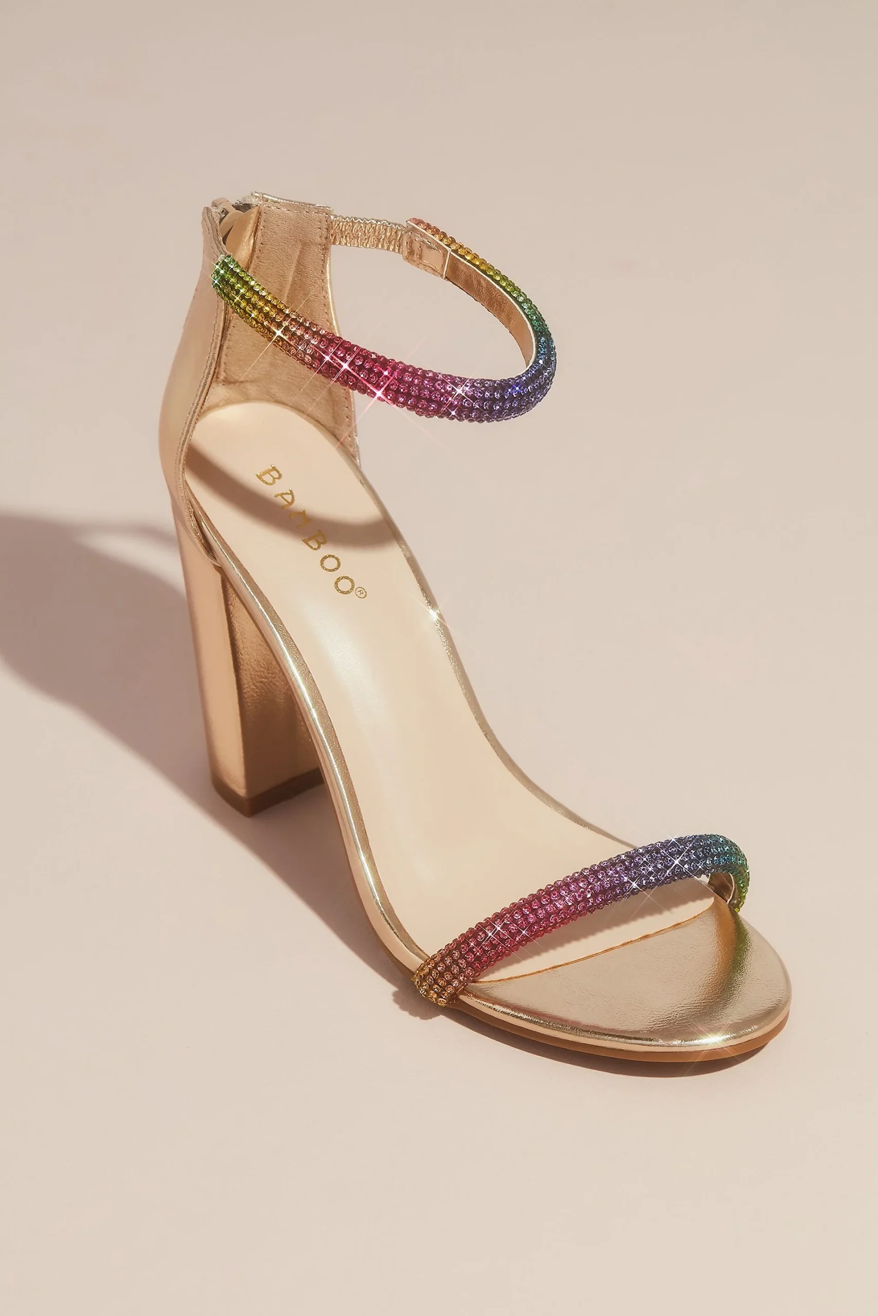 Rounded Crystal Straps Metallic Block Heel Sandals