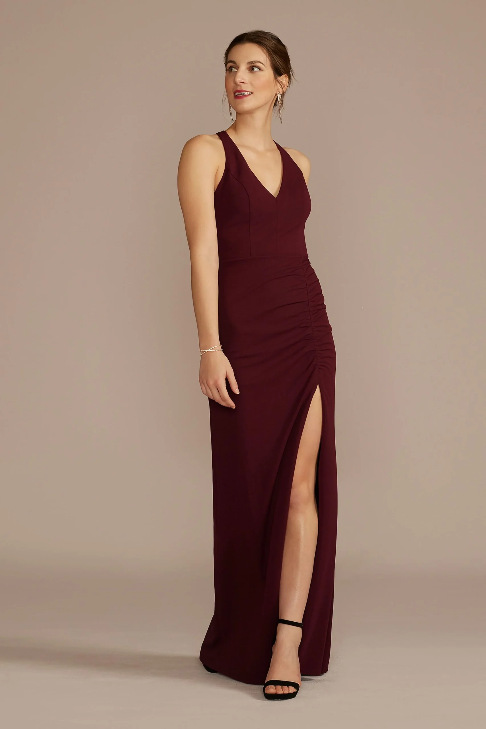 Ruched Crepe Halter Neck Sheath with Slit