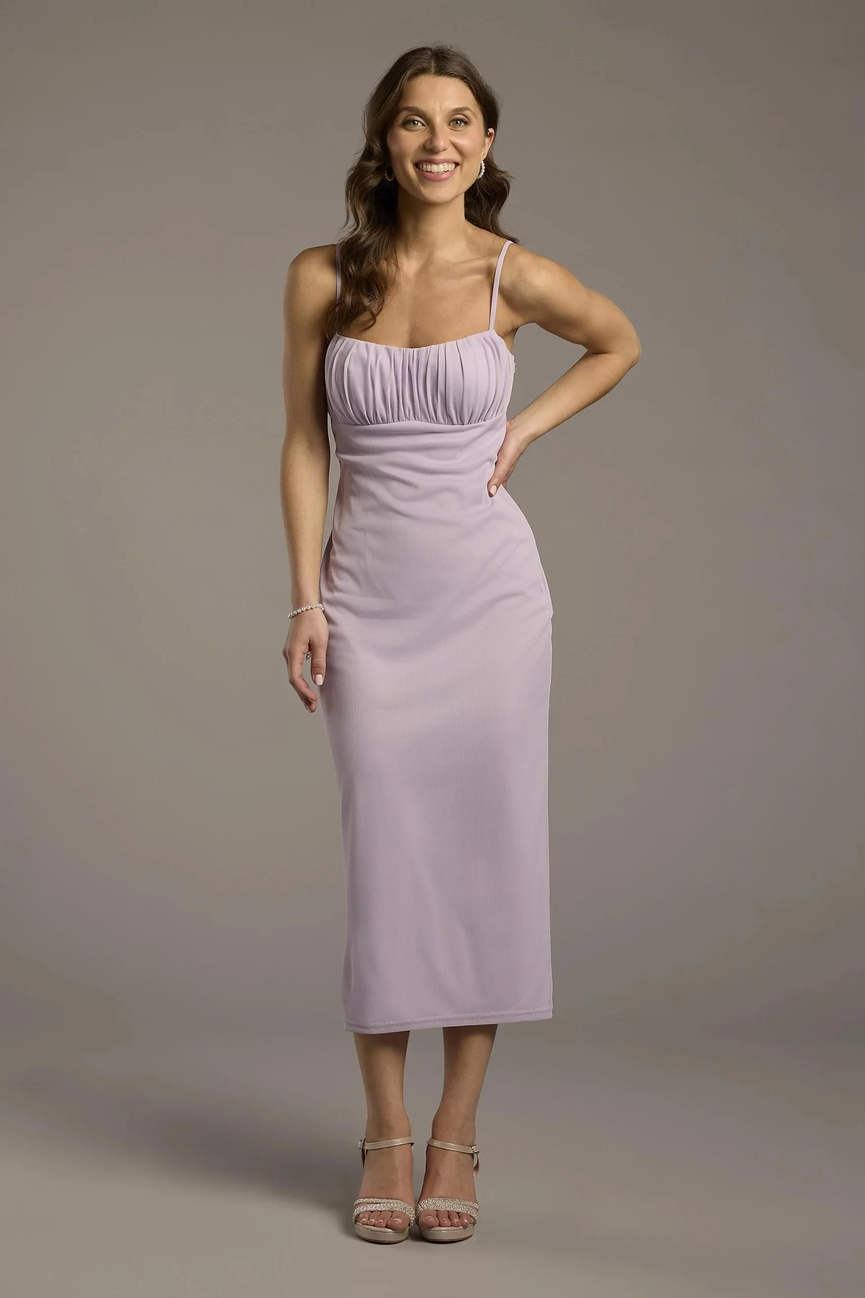 Ruched Empire Mesh Sheath Midi Dress