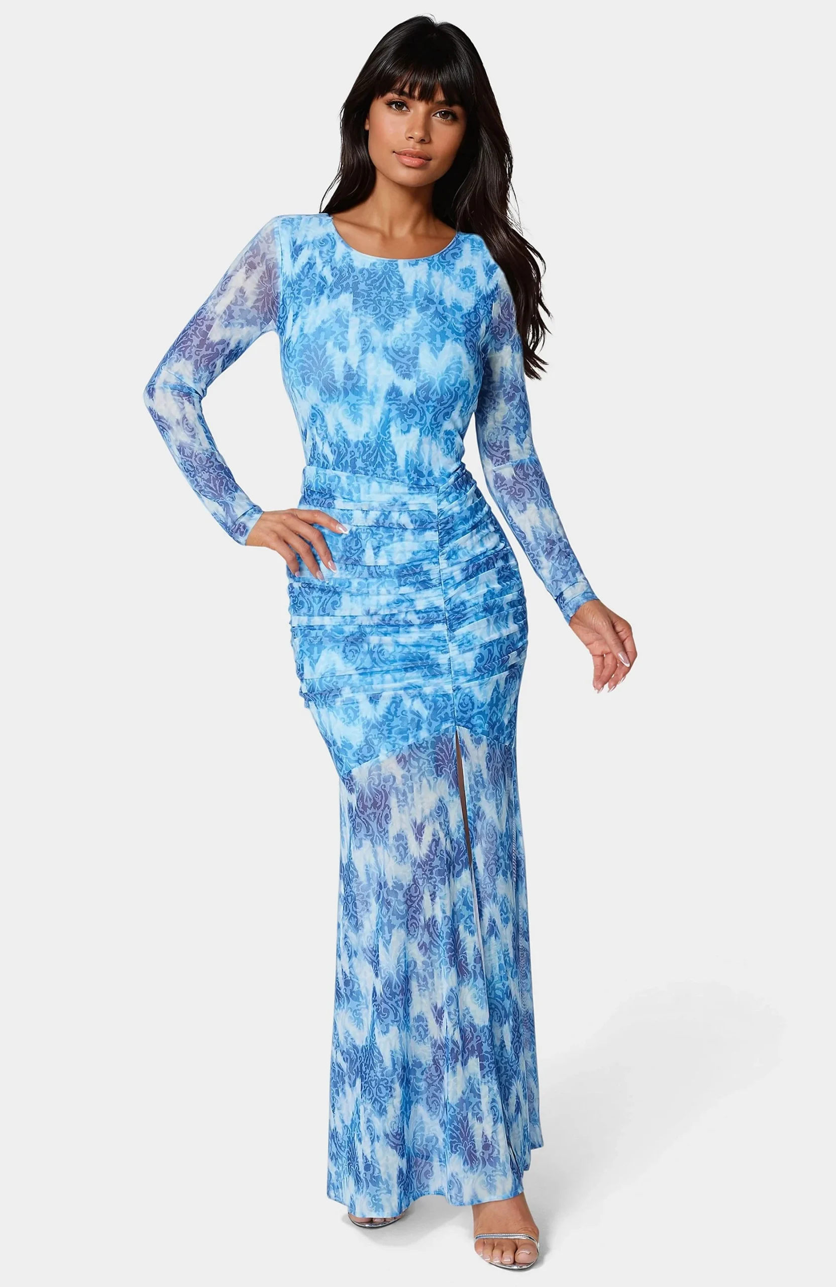 Ruched Long Sleeve Printed Maxi Dress