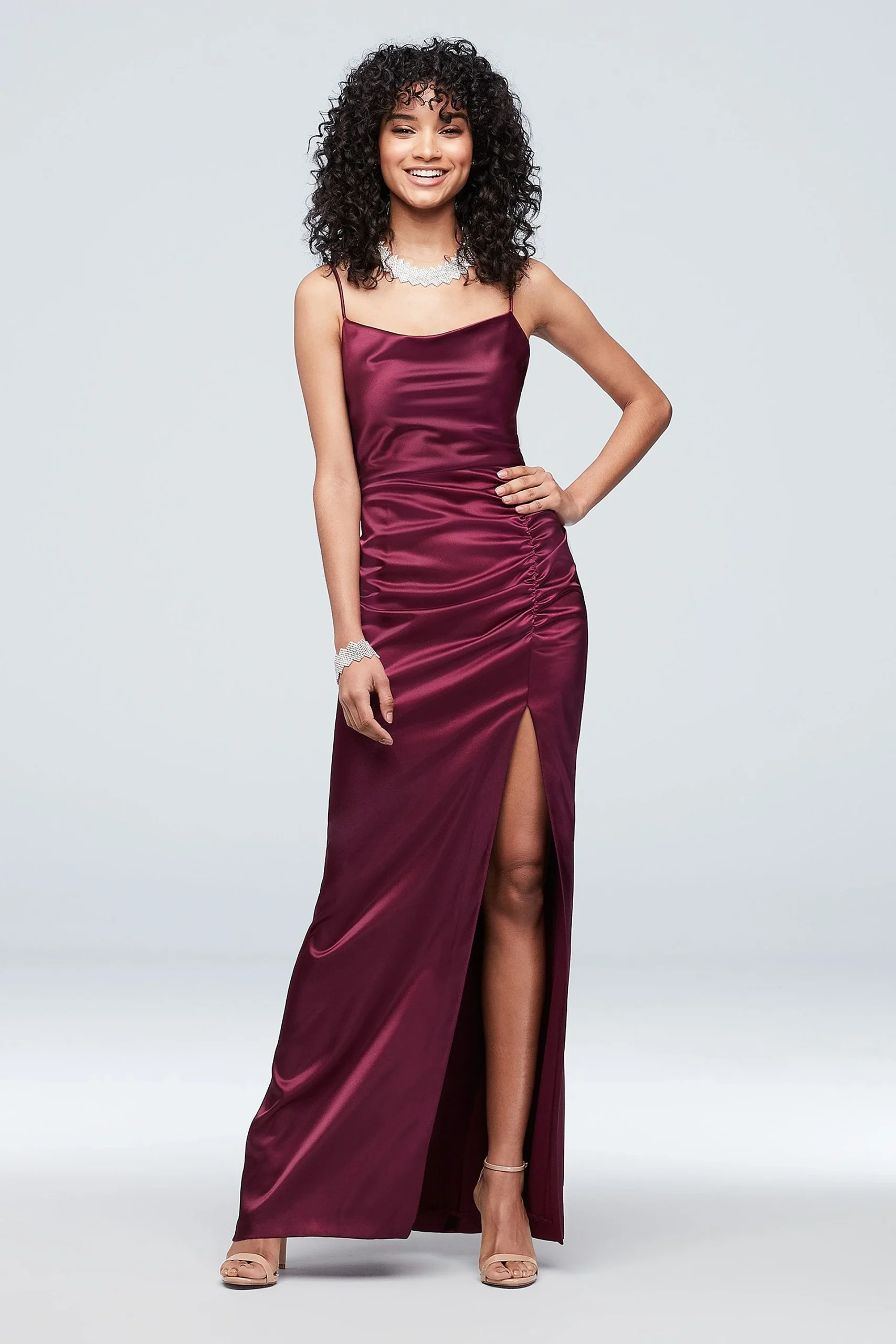 Ruched Low-Back Satin Cowlneck Sheath Dress