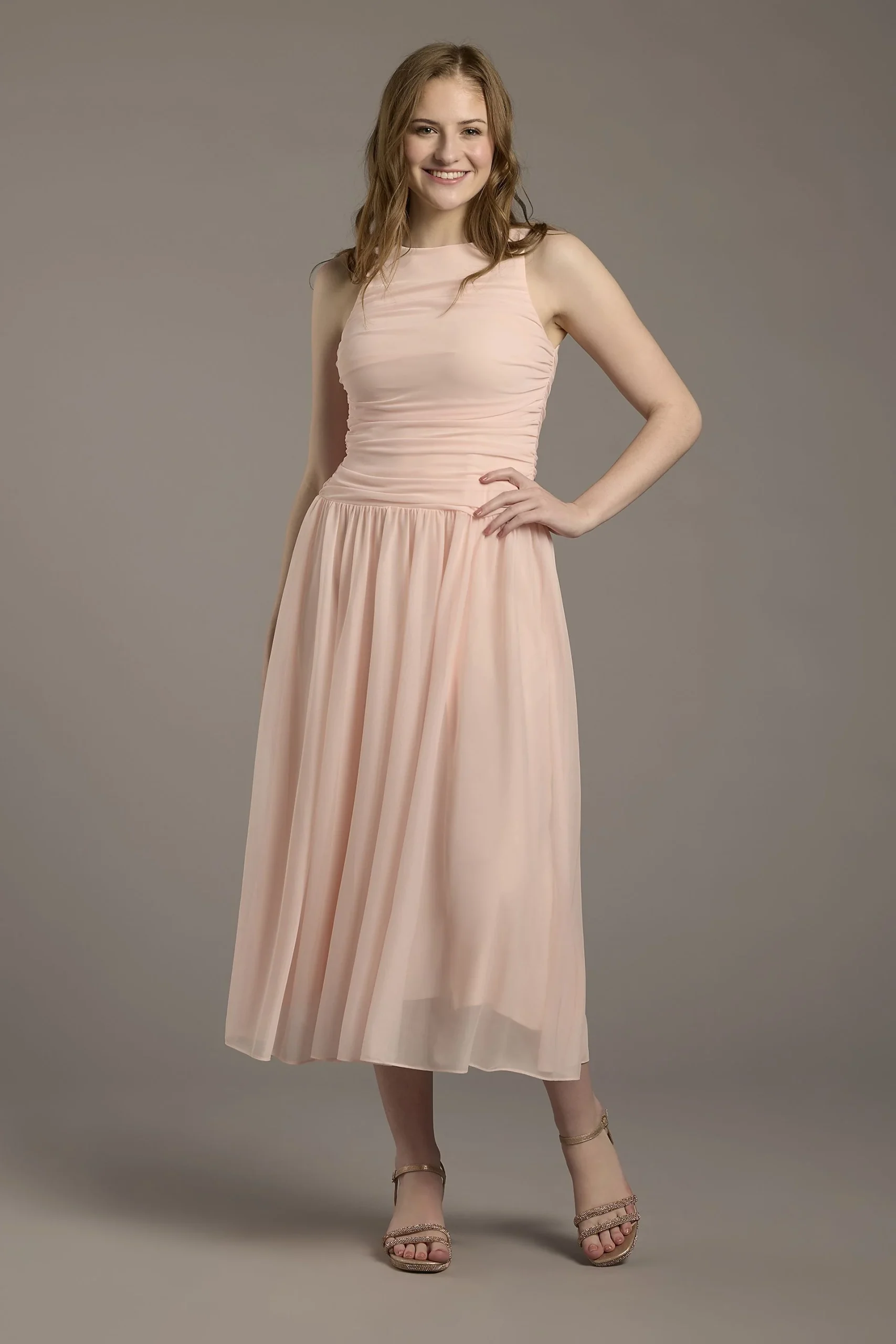 Ruched Mesh Drop Waist Midi Dress