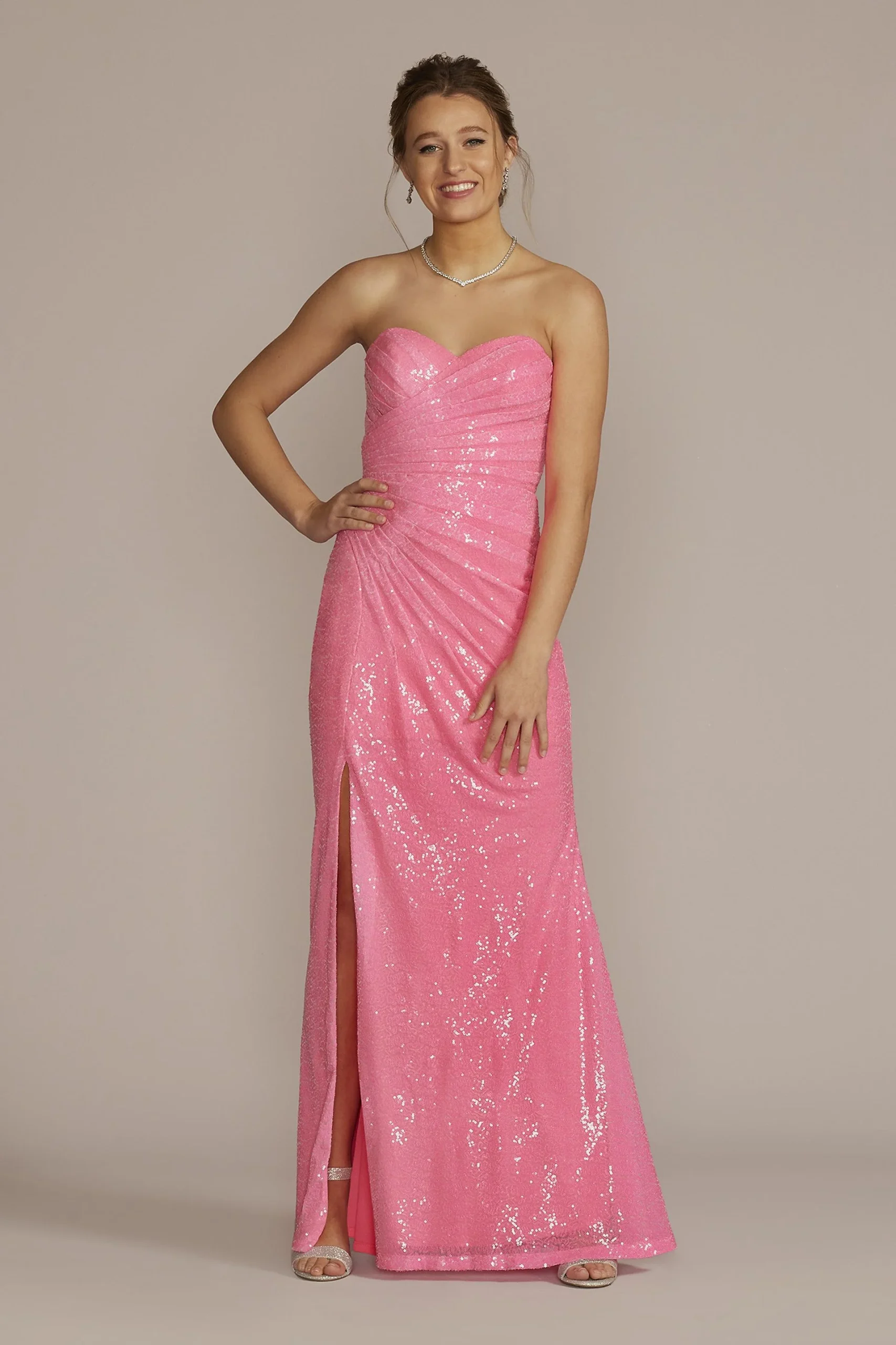 Ruched Neon Sequin Strapless Sheath