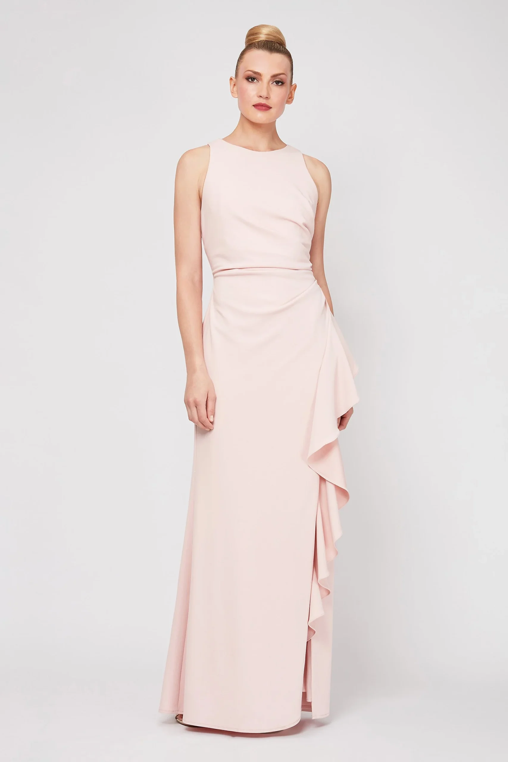 Ruched Stretch High-Neck Cascading Sheath Dress