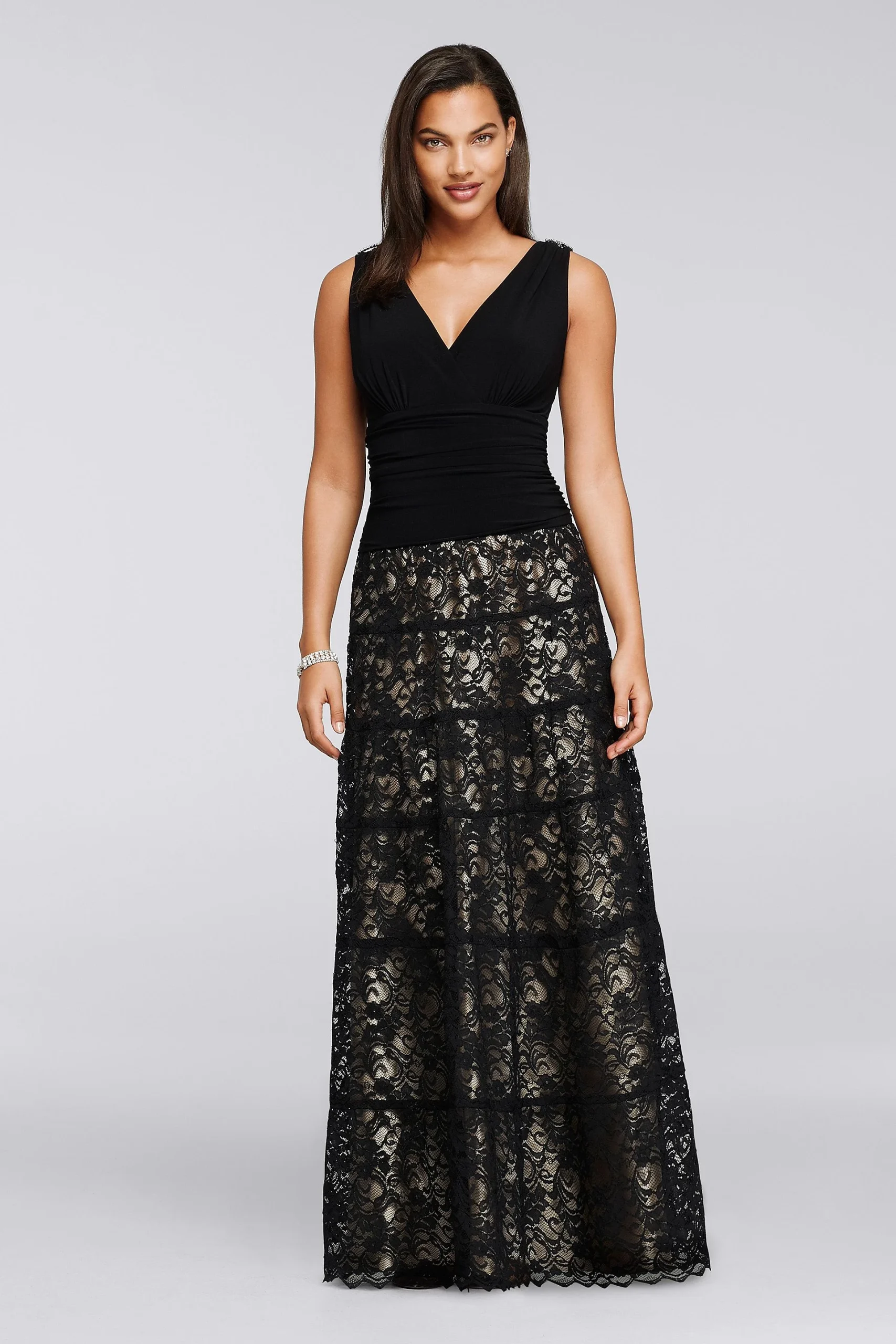 Ruched V-Neckline Long Lace Dress