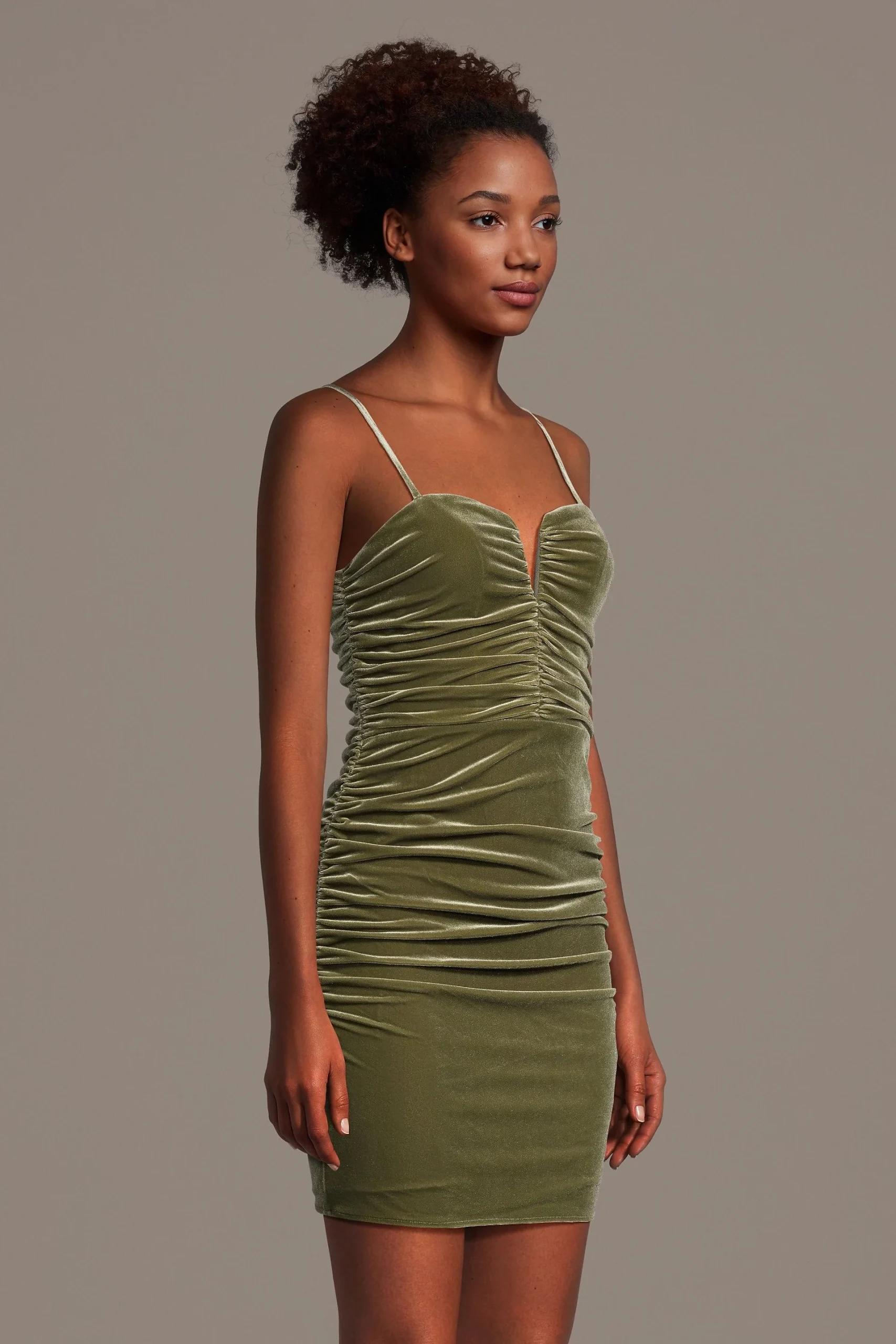 Ruched Velvet V-Neck Mini Dress