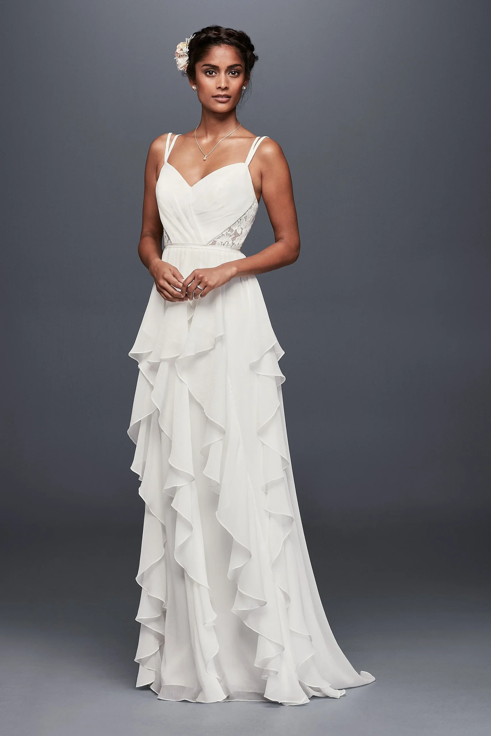 Ruffled Chiffon Wedding Dress with Lace Back