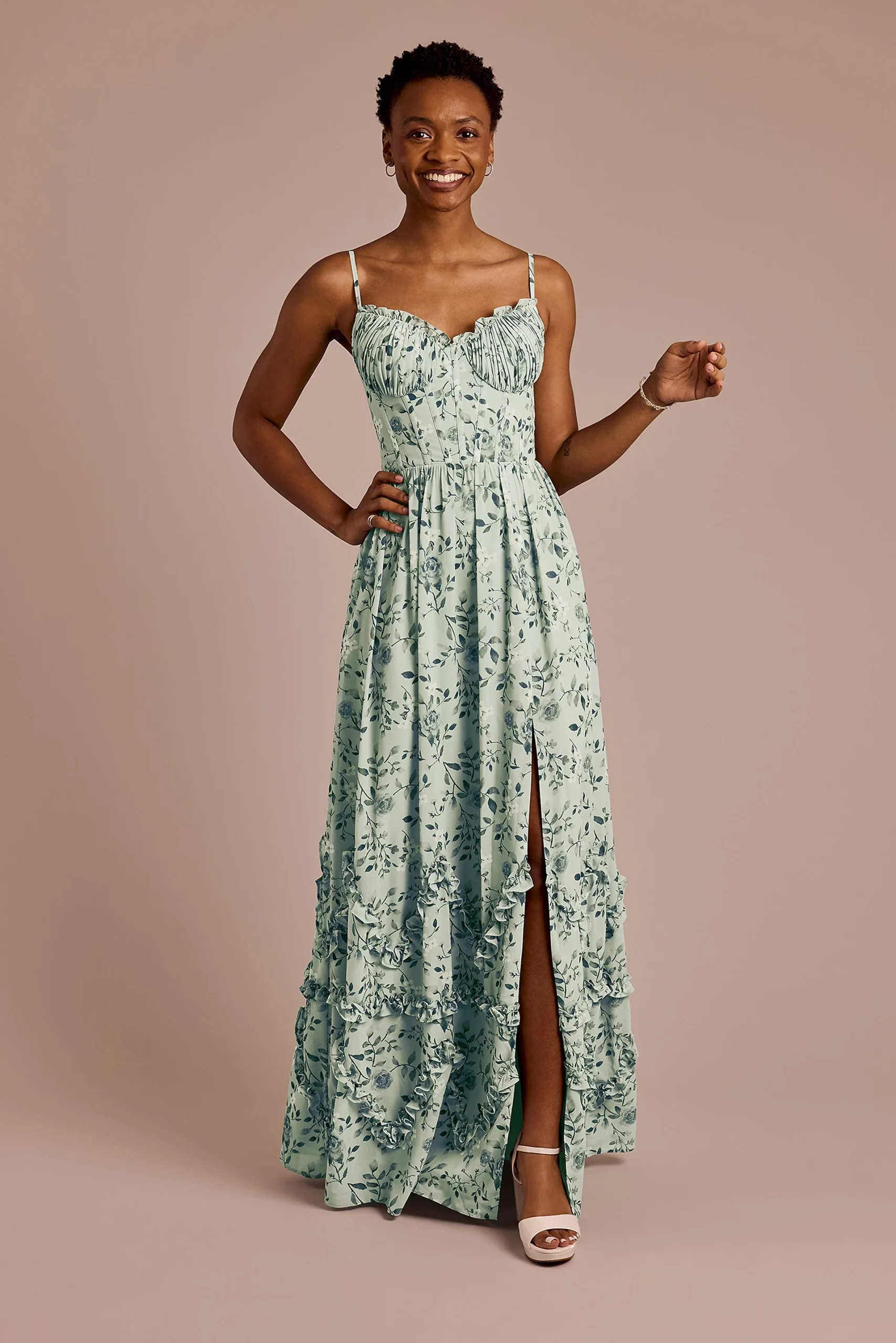 Ruffled Floral Chiffon Spaghetti Strap Dress