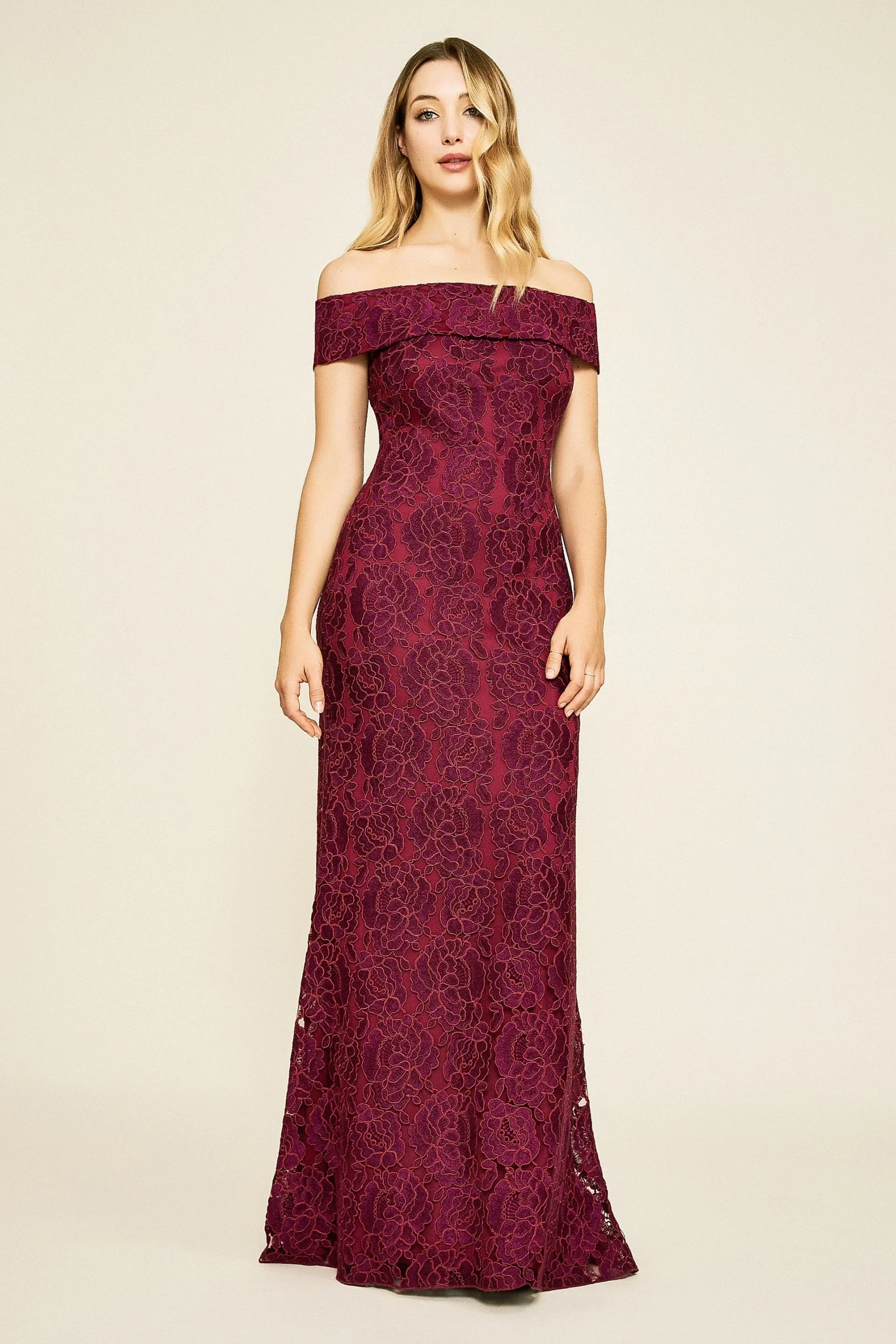 Sangria Embroidered Lace Off-the-Shoulder Gown