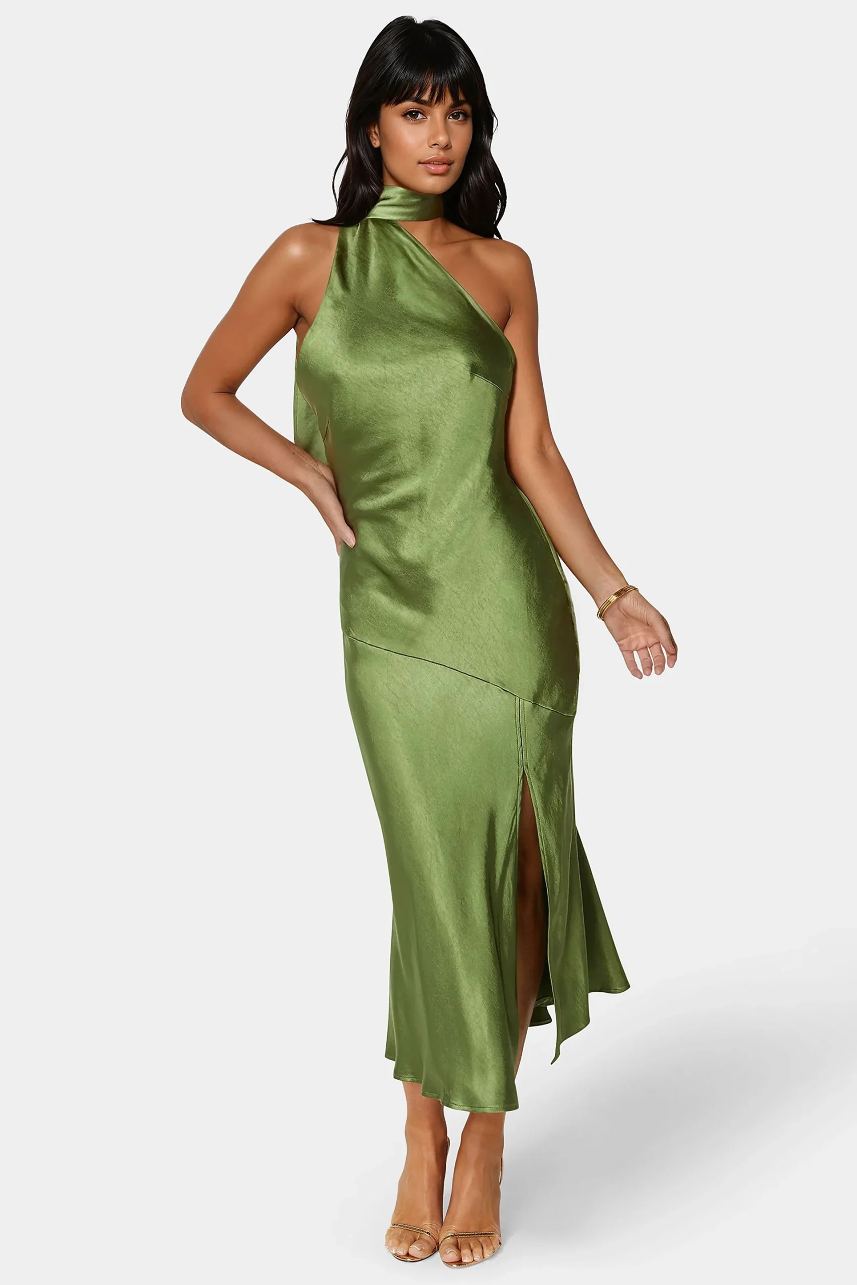 Sash Neck One-Shoulder Satin Midi Dress