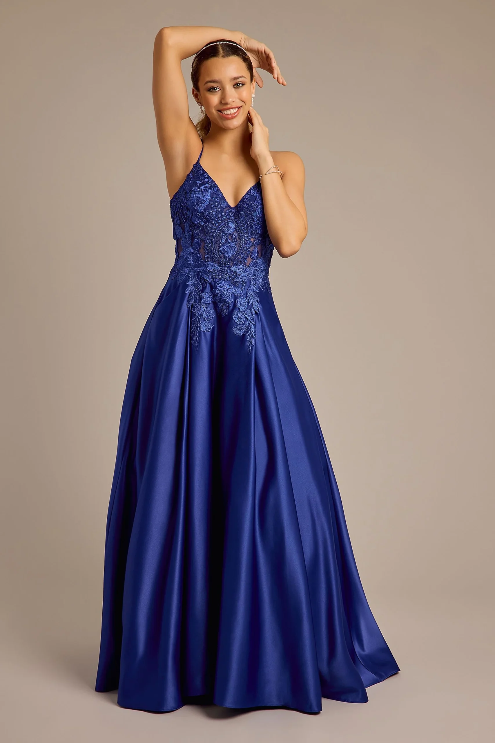 Satin Ball Gown with Illusion Applique Bodice