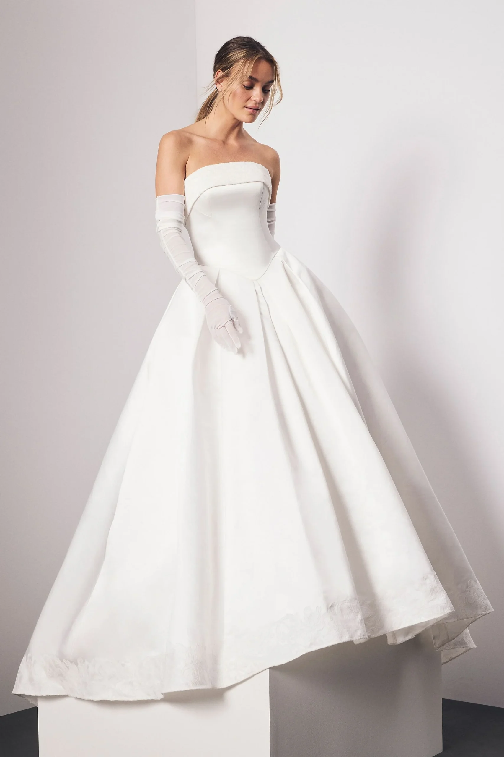 Satin Basque Waist Ball Gown with Lace Hem