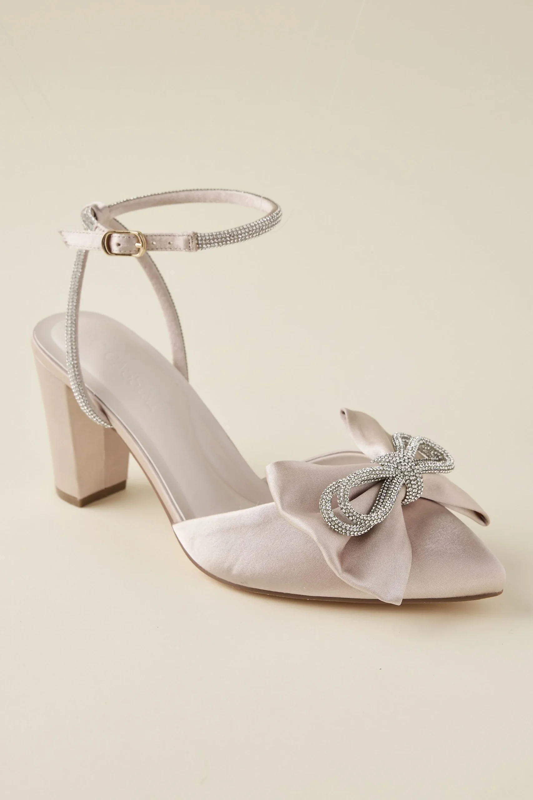 Satin Block Heel Shoes with Crystal Bow