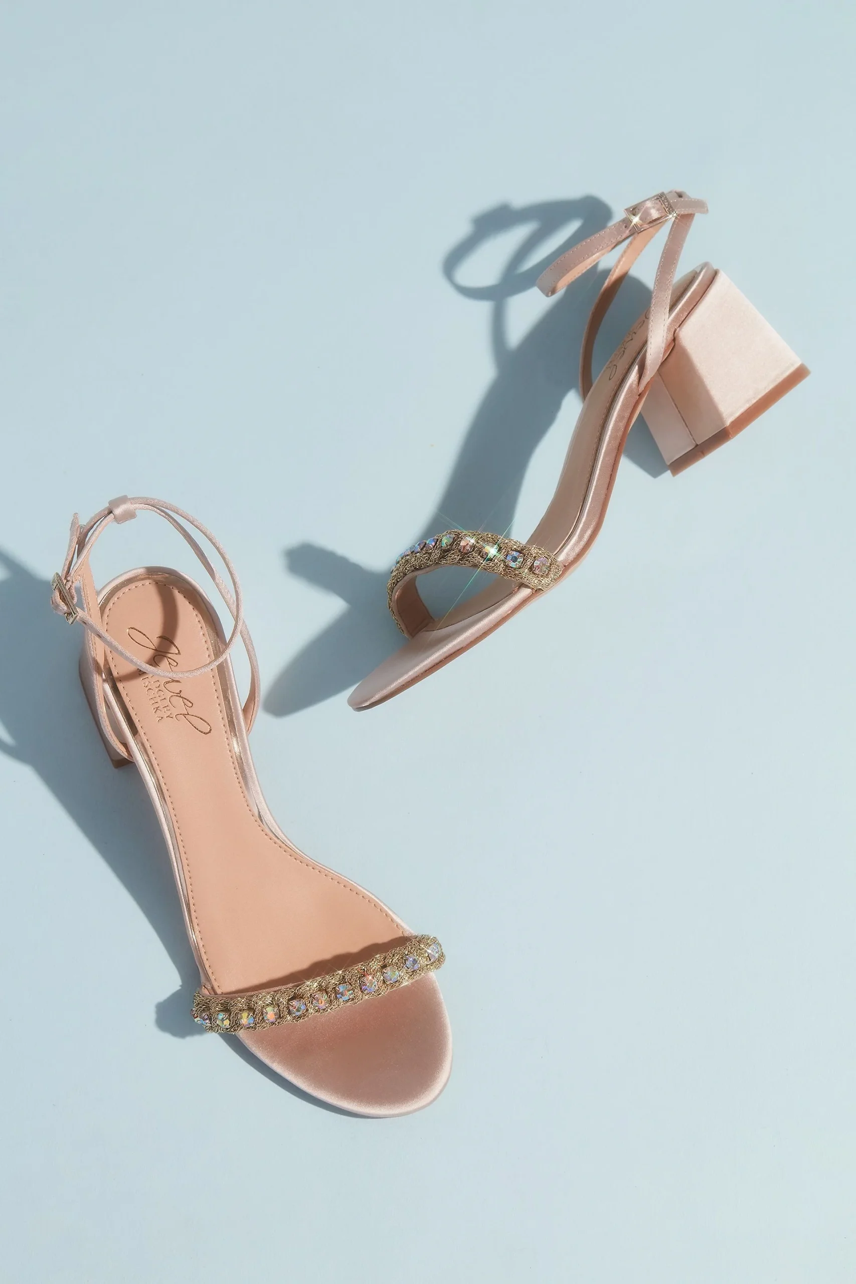 Satin and Crystal Low Block Heel Sandals