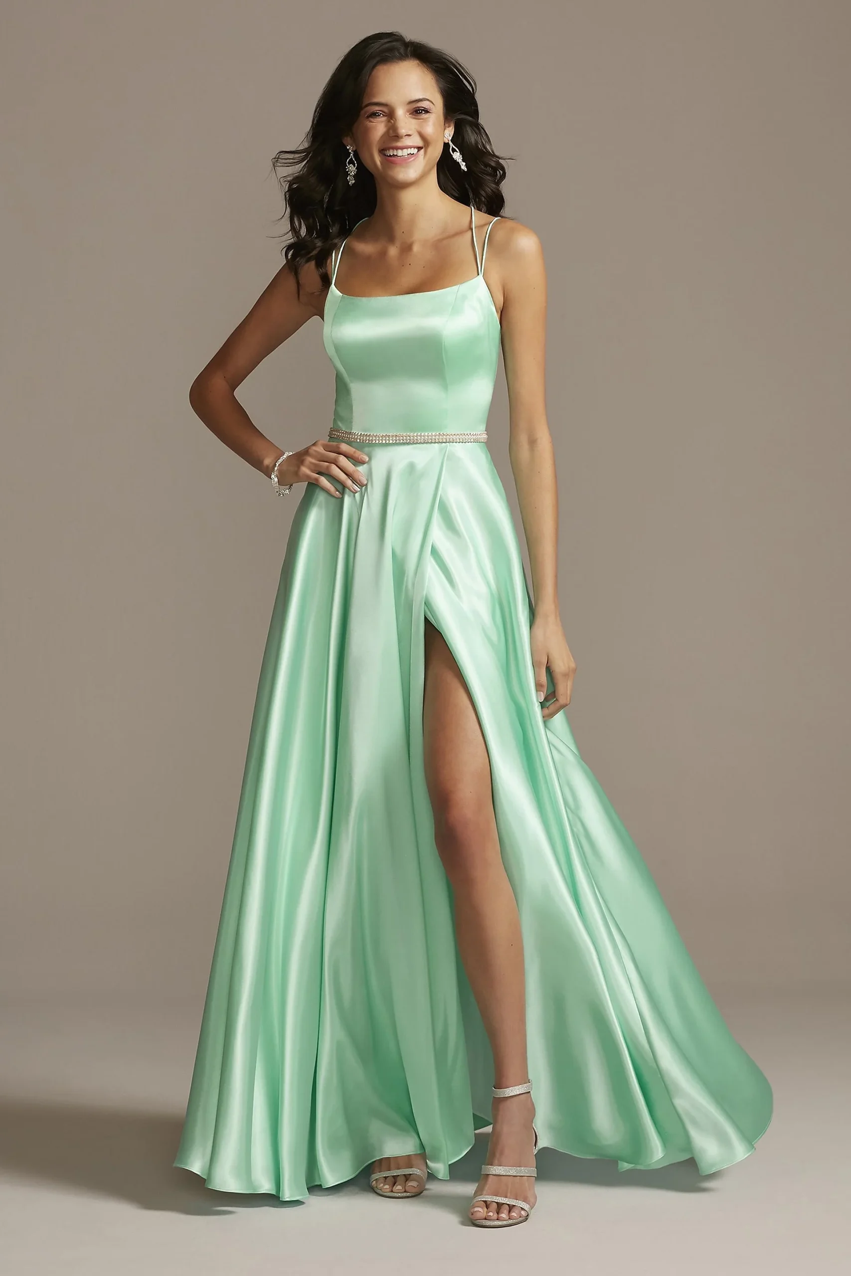 Satin Double Spaghetti Strap Crystal Belt Dress