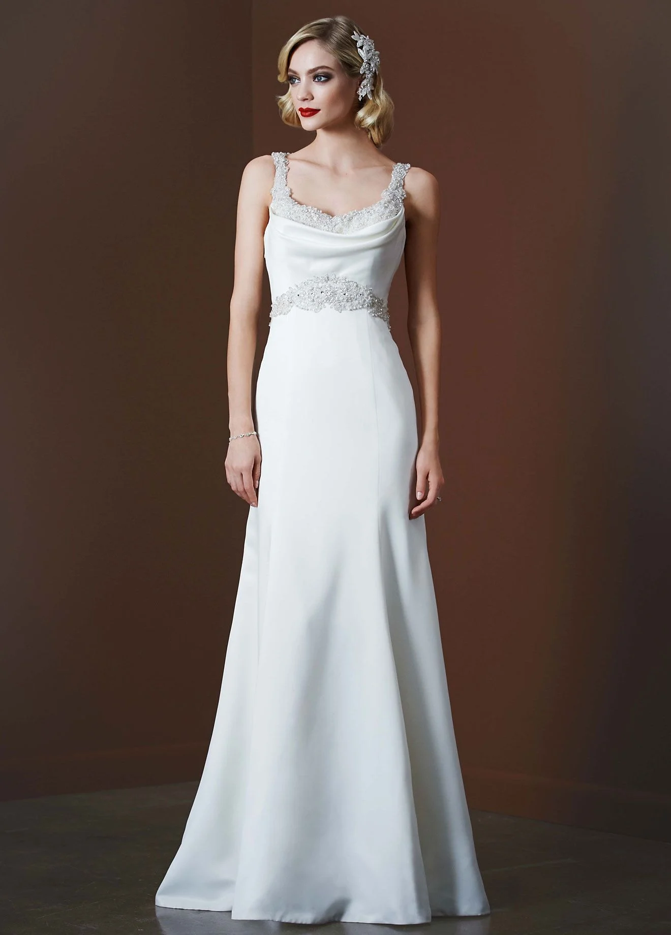 Satin Dress with Beaded Waist and Illusion Back