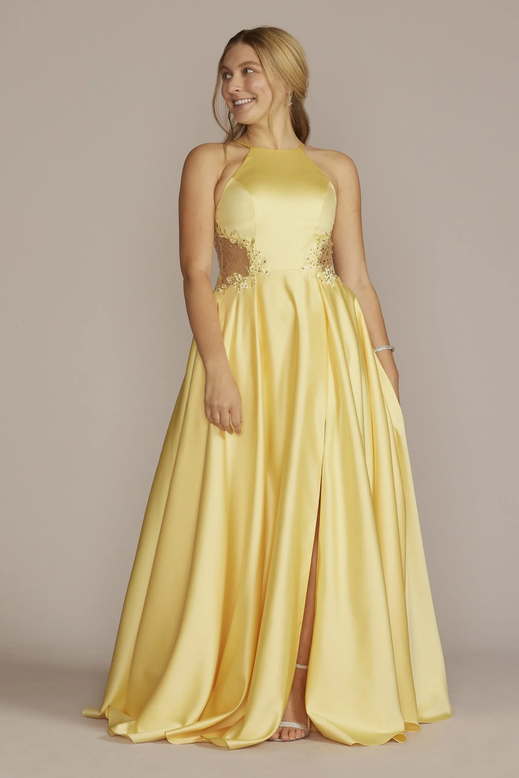 Satin Halter A-Line with Illusion Cutouts