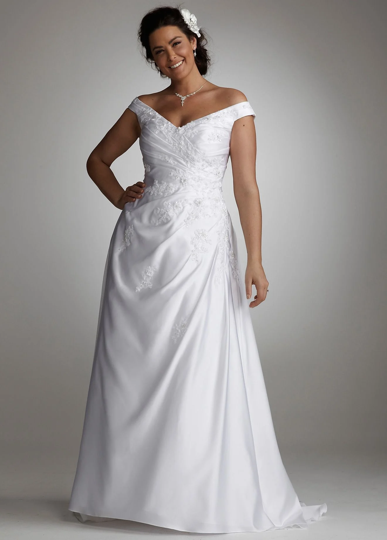 Satin Off the Shoulder Side Draped A Line Gown