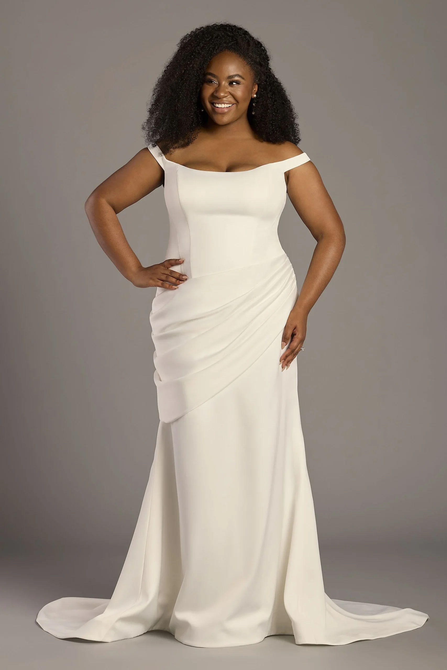 Satin Off-the-Shoulder Side-Draped Mermaid Gown