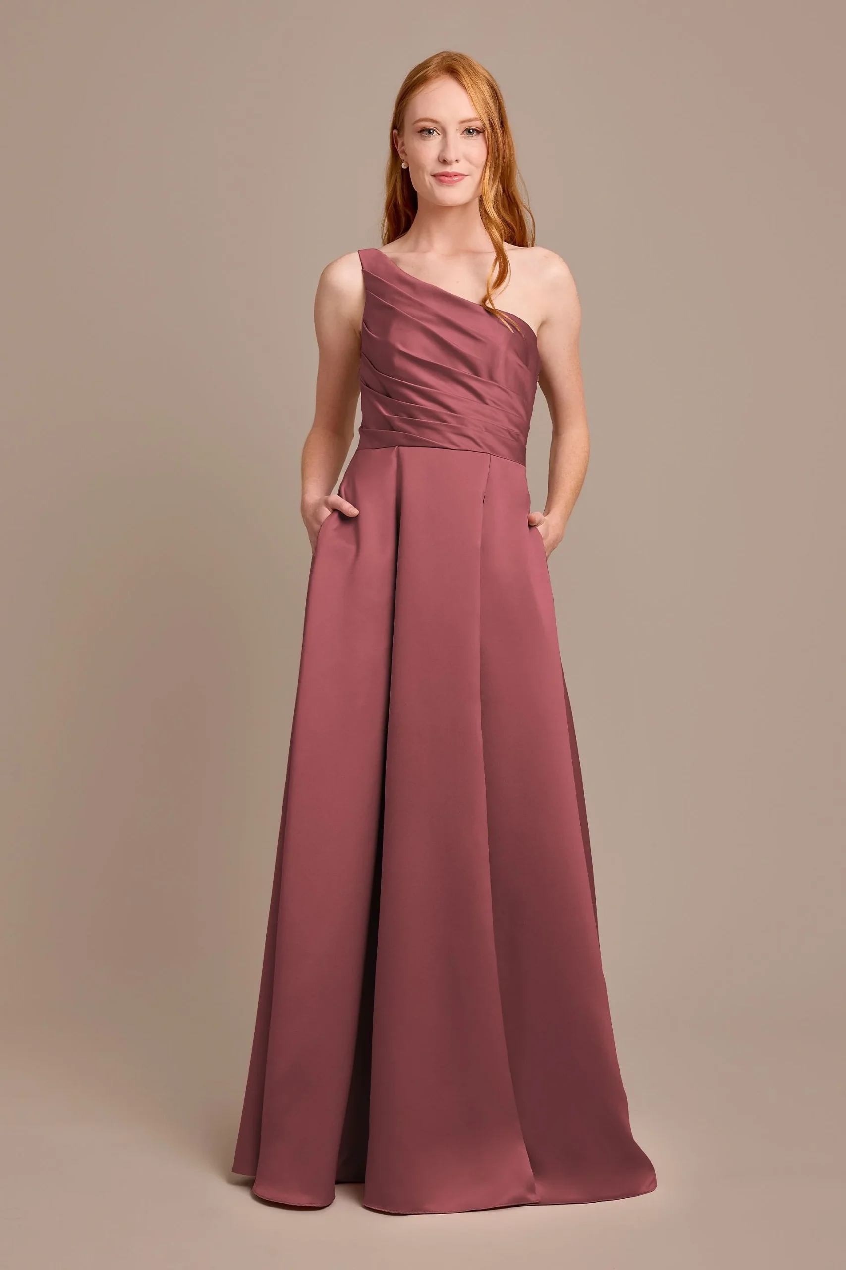 Satin One-Shoulder A-Line Pleated Dress