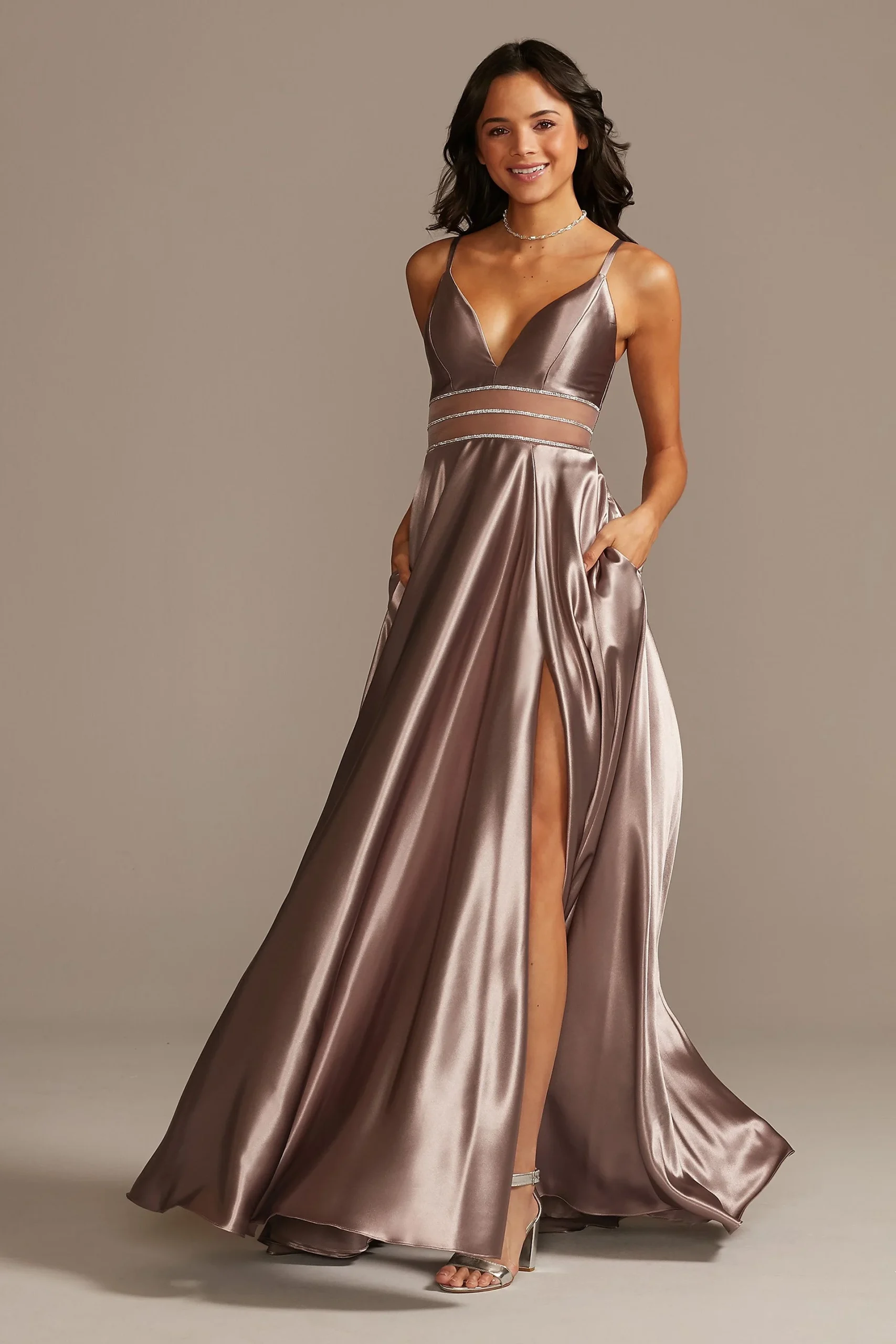 Satin Plunge Plus Size Gown with Illusion and Slit