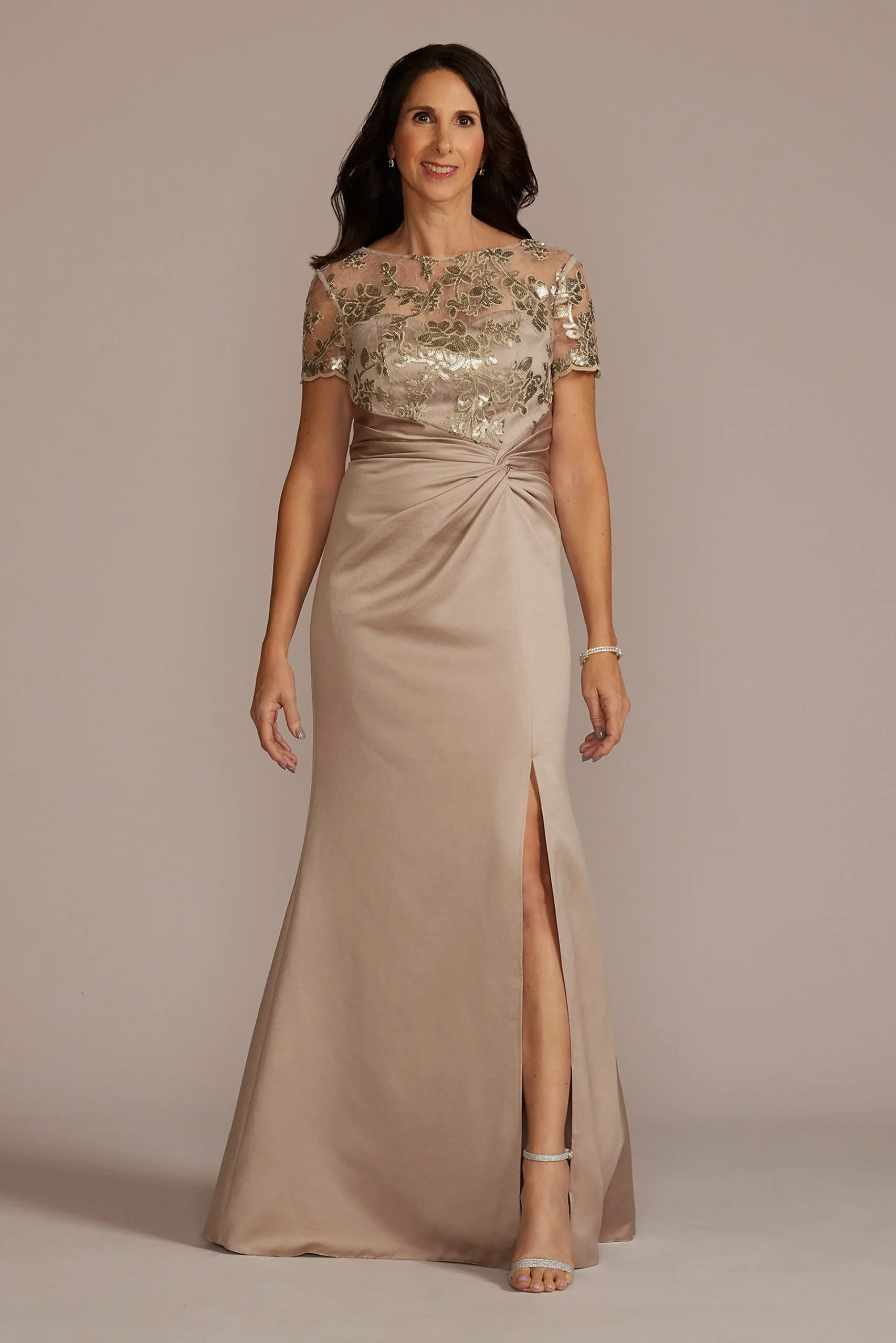 Satin Sheath Gown with Lace Illusion Neck