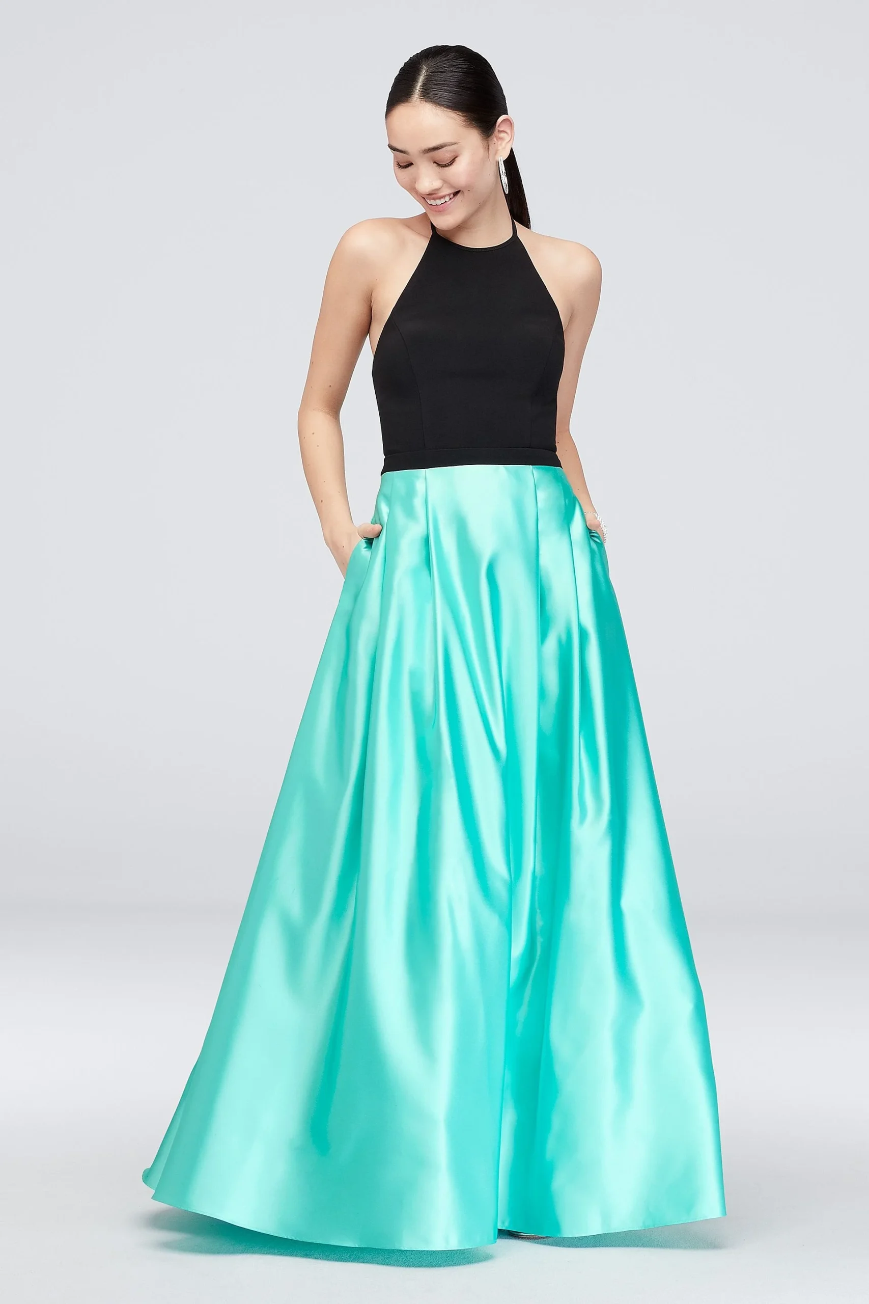 Satin Skirt and Halter Top Ball Gown with Pockets
