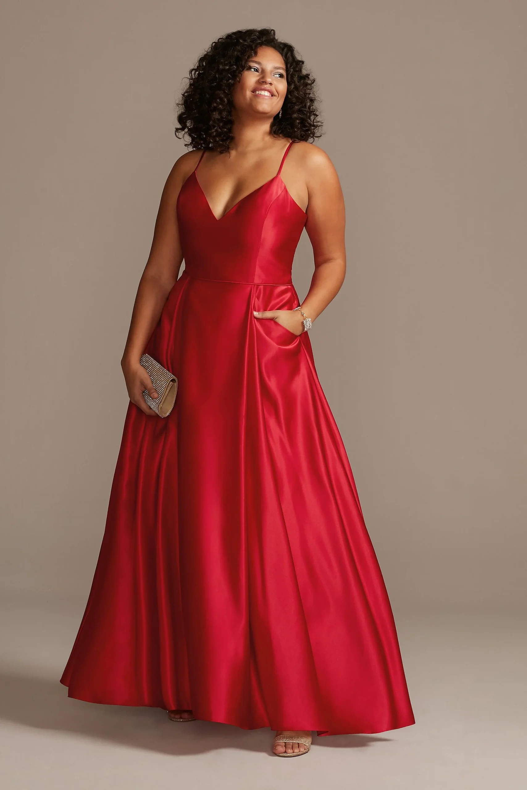 Satin Spaghetti Strap Ball Gown with Pockets