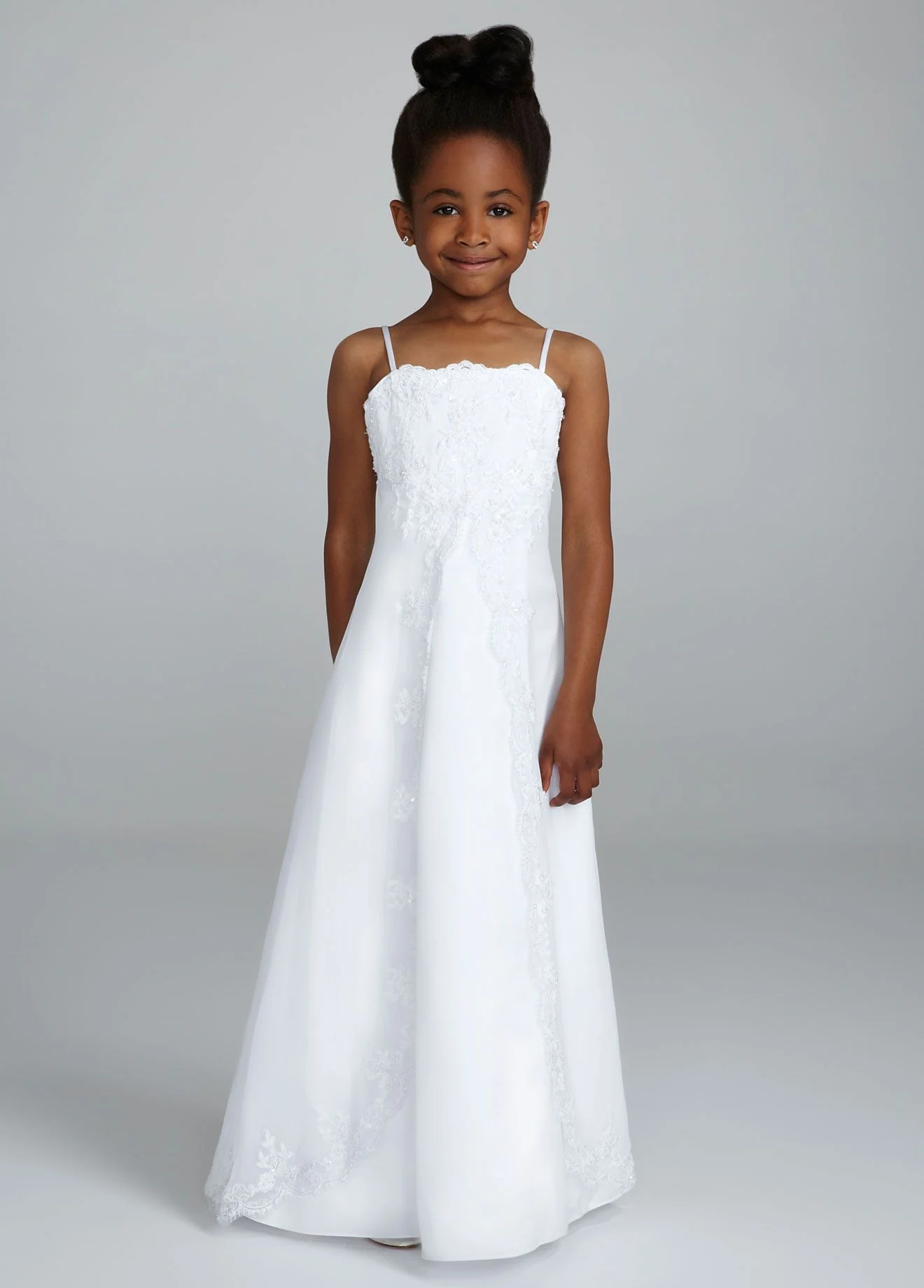 Satin spaghetti-strap princess A-line gown.