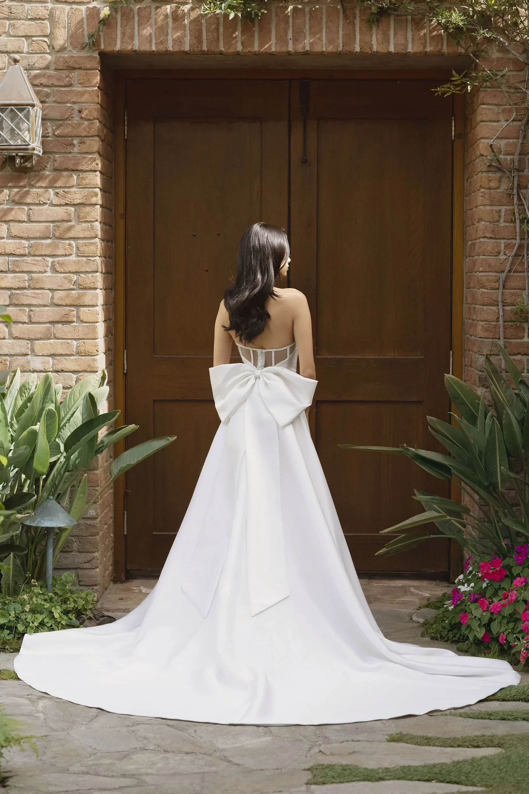 Satin Strapless Ball Gown with Bow Back