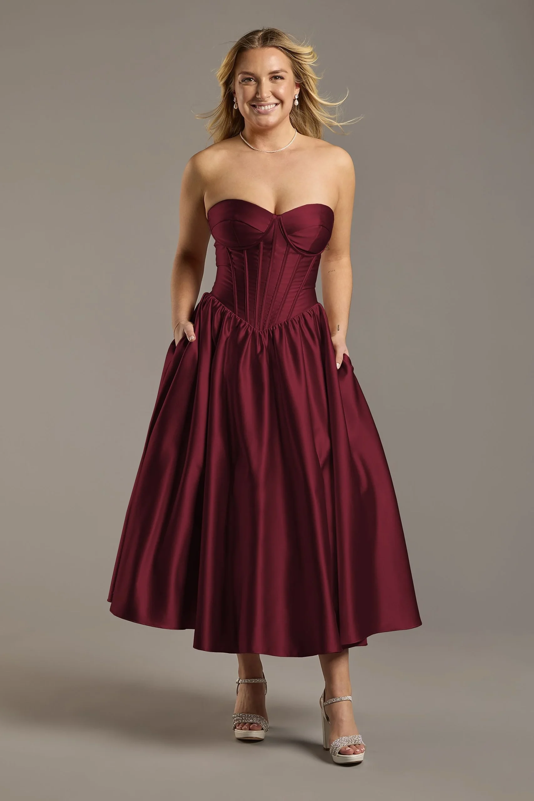 Satin Strapless Drop Waist Midi Dress