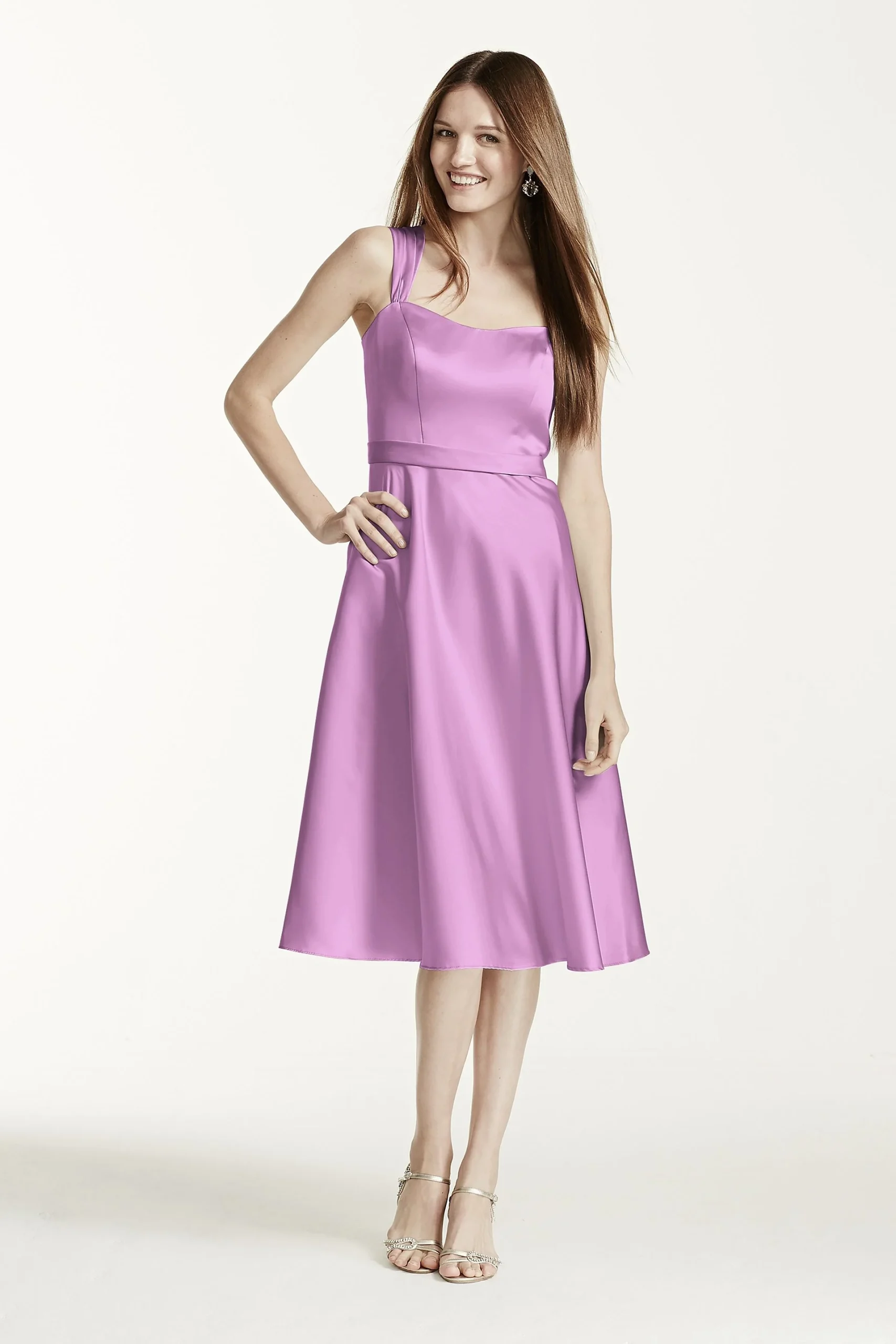 Satin Wide Strap Tea Length Dress