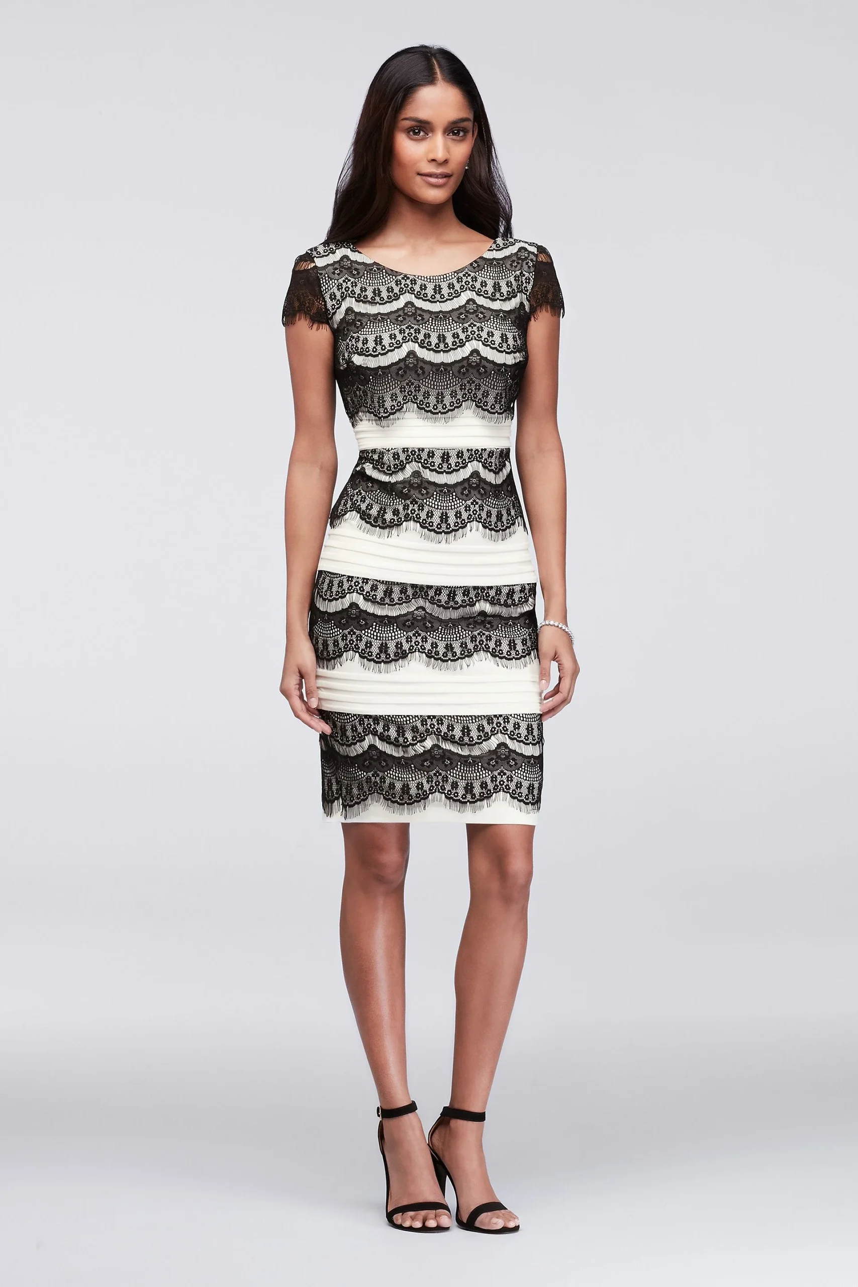 Scalloped Lace and Textured Stripe Sheath Dress