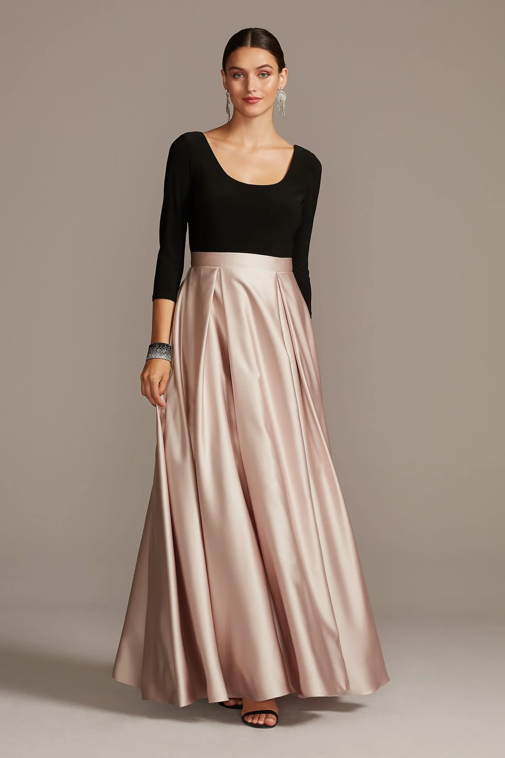 Scoop Bodice 3/4 Sleeve Gown with Satin Skirt