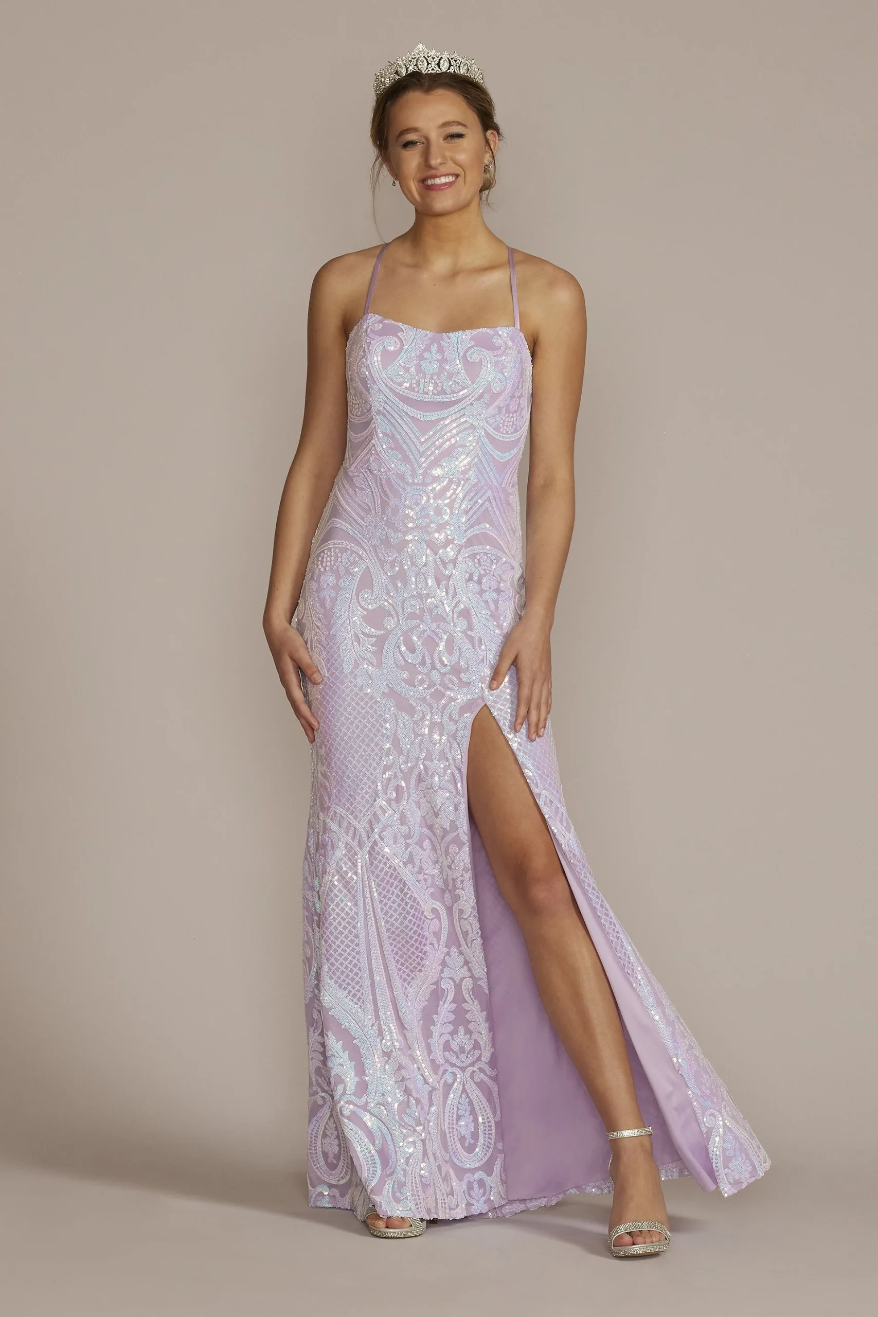 Scoop Neck Sequin Patterned Sheath with Slit