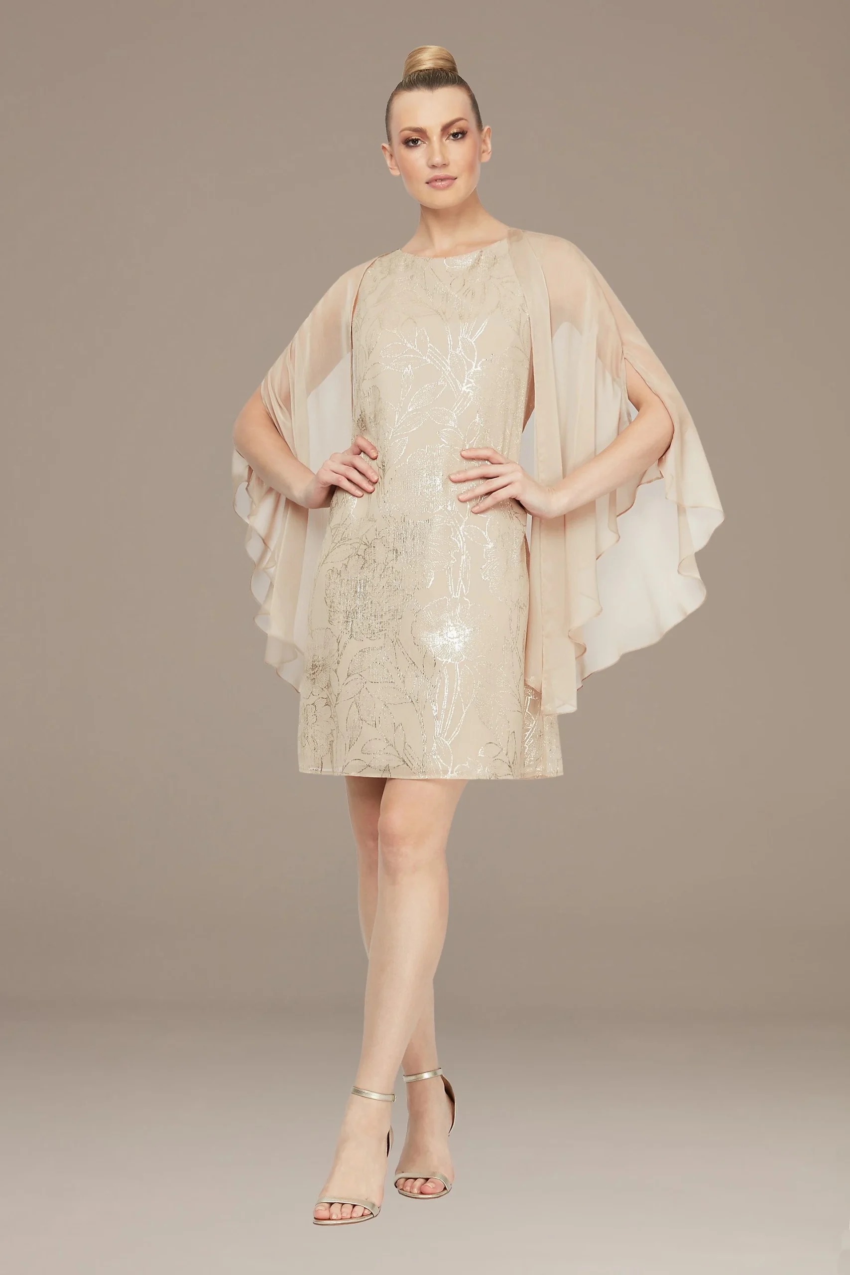 Scoop Neck Sheath Dress with Cape and Foil Details