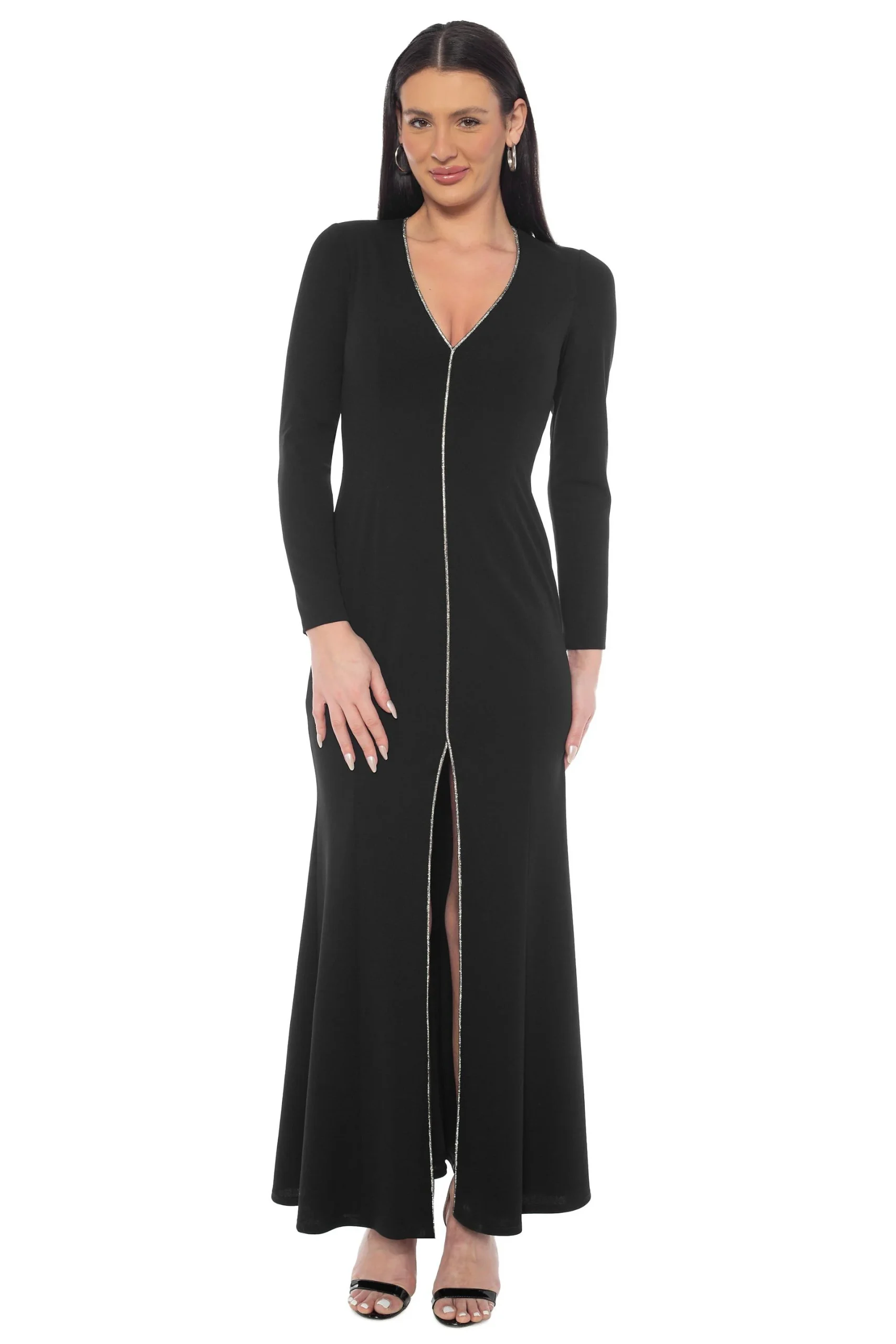 Scuba Crepe V-Neck Rhinestone Front Gown