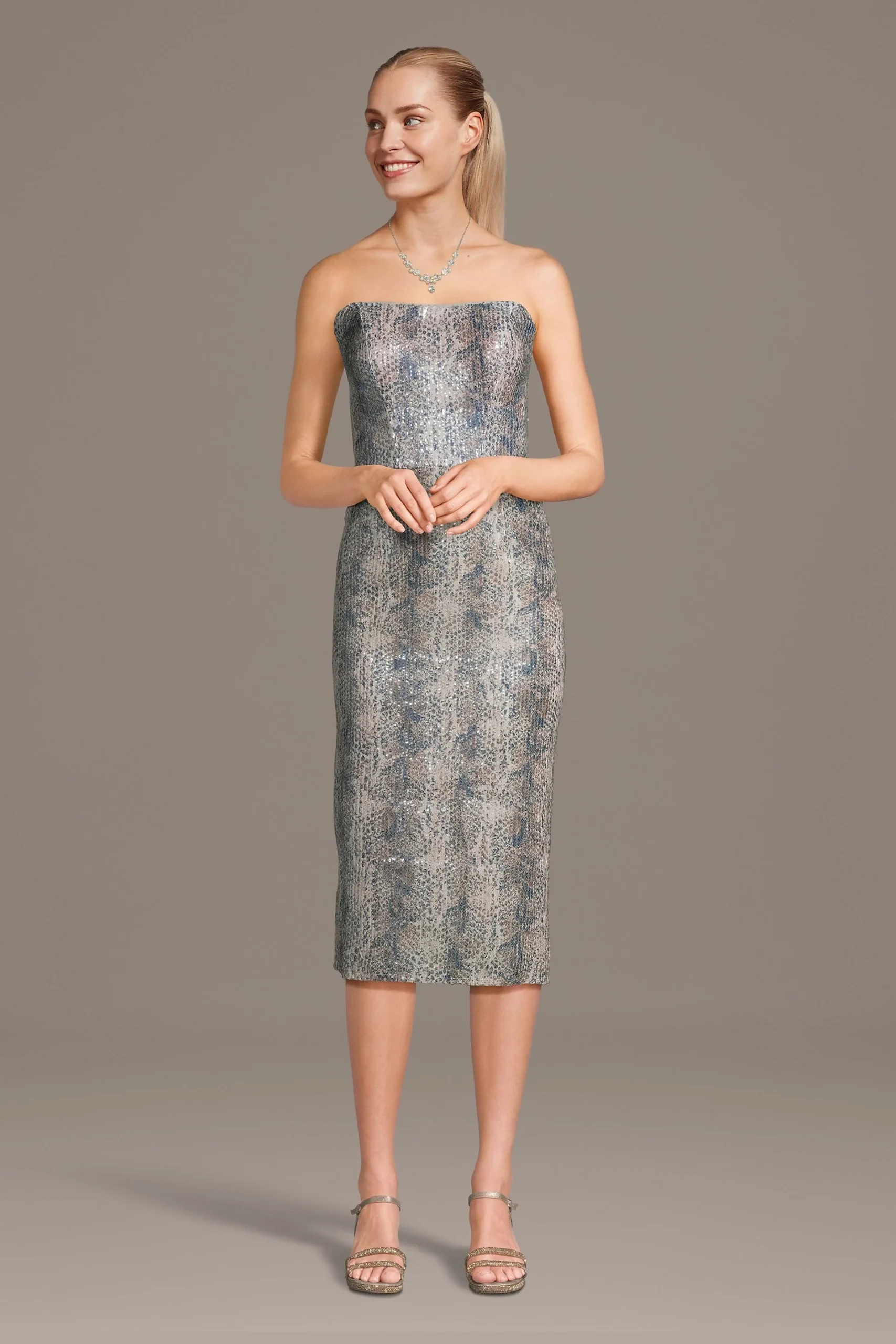 Sculpted Snakeskin Sequin Midi Sheath Dress