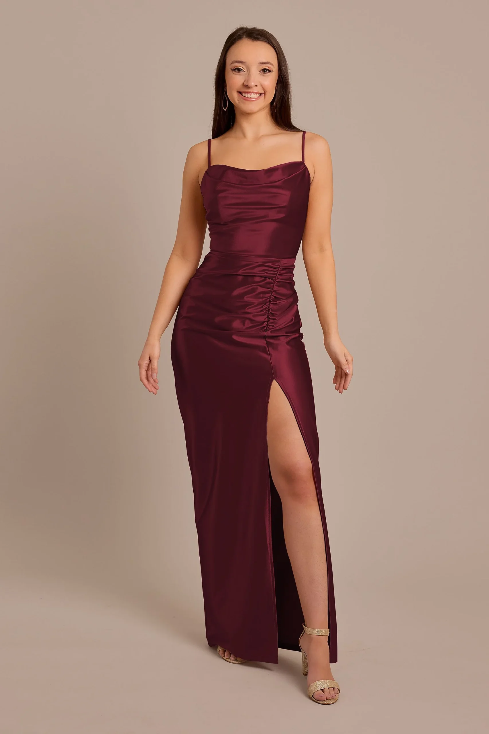 Sculpting Satin Cowl Neck Ruched Dress