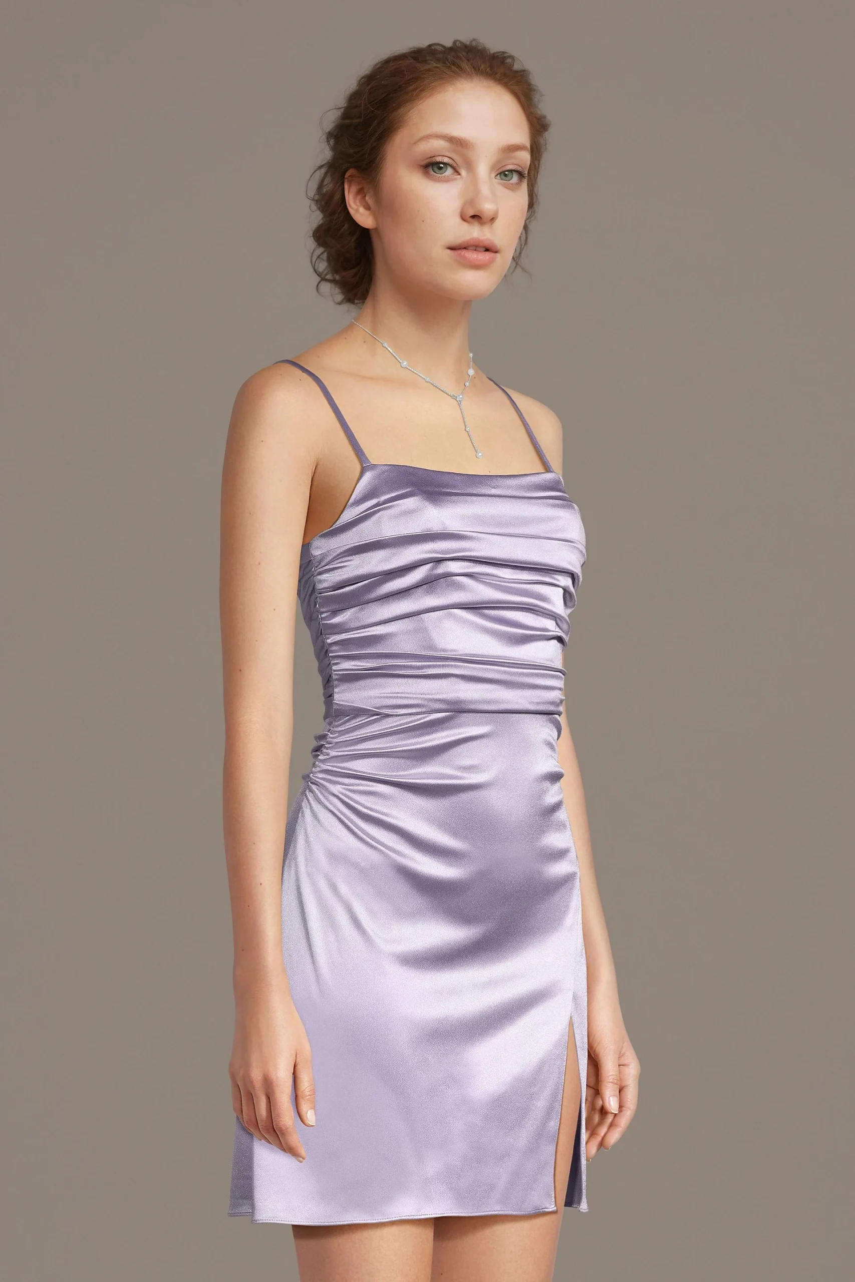 Sculpting Satin Double Strap Ruched Mini Dress