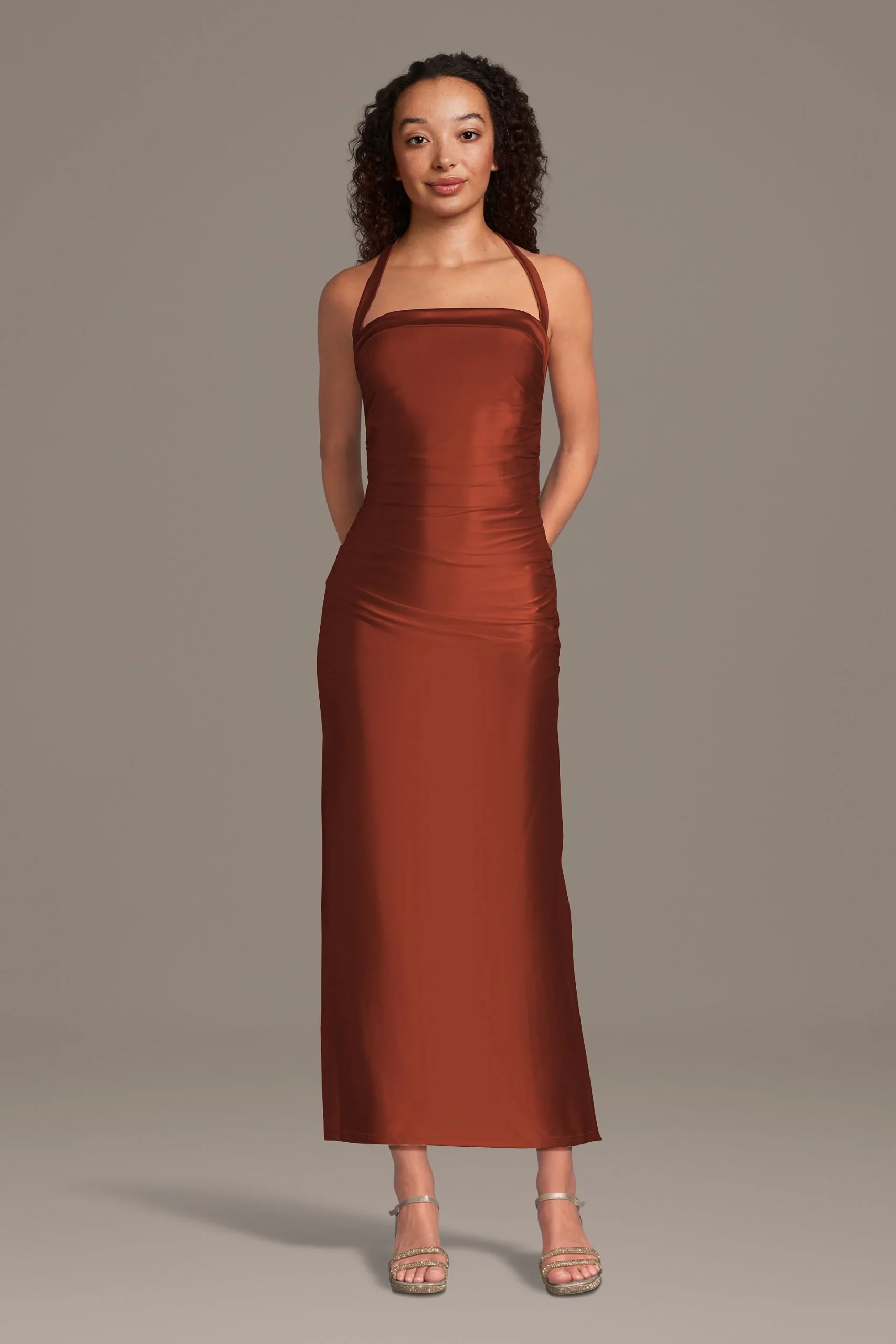 Sculpting Satin Halter Sheath Dress