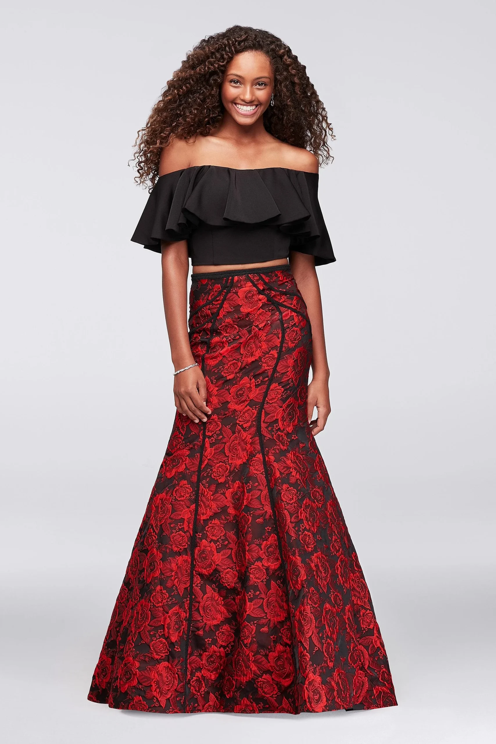 Seamed Brocade Two-Piece Dress with Flounced Top