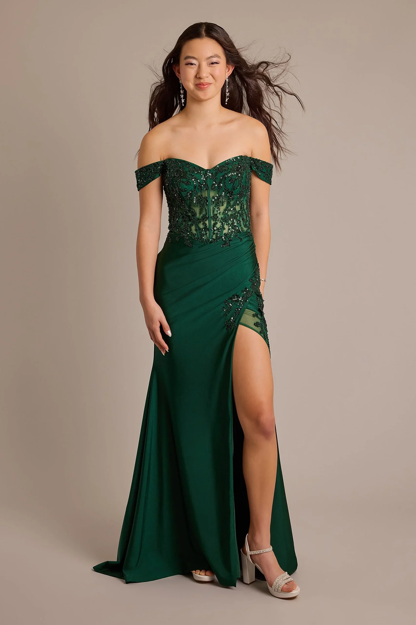 Sequin Applique Satin Off-Shoulder Sheath Dress